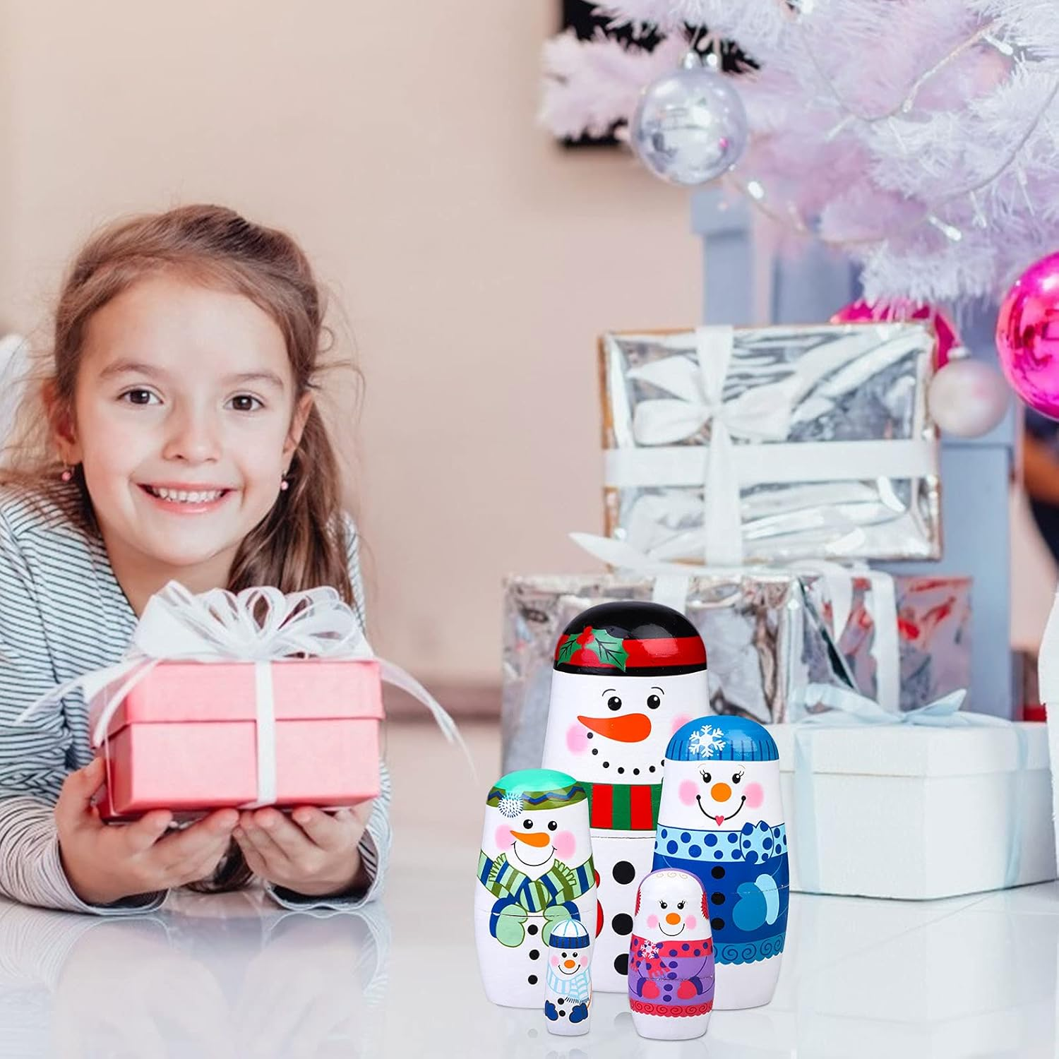 Russian Matryoshka 5 Pieces Snowman Nesting Dolls Hand Painted Figurines Wooden Stacking Dolls for Birthday Party Home Decoration, Children Kids Christmas New Year Toy image number 3