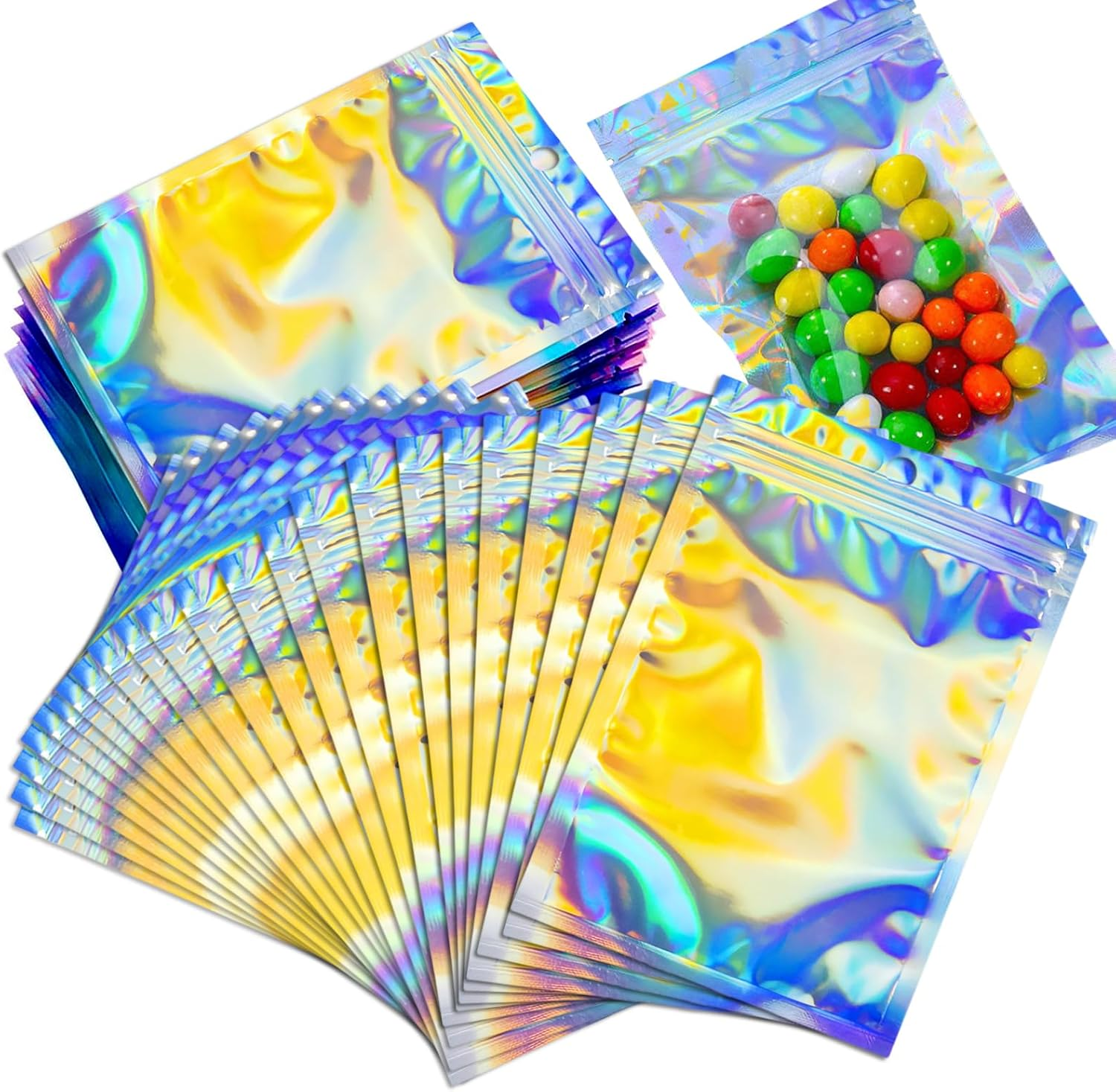 100Pcs Smell Proof Mylar Bags 2.7X3.9Inch Resealable Foil Pouch Holographic Zip Bags Packaging Pouch Bag with Clear Window for Food Storage Small Business Eyelash Lipgloss Jewelry Storage (7 * 10Cm) image number 2