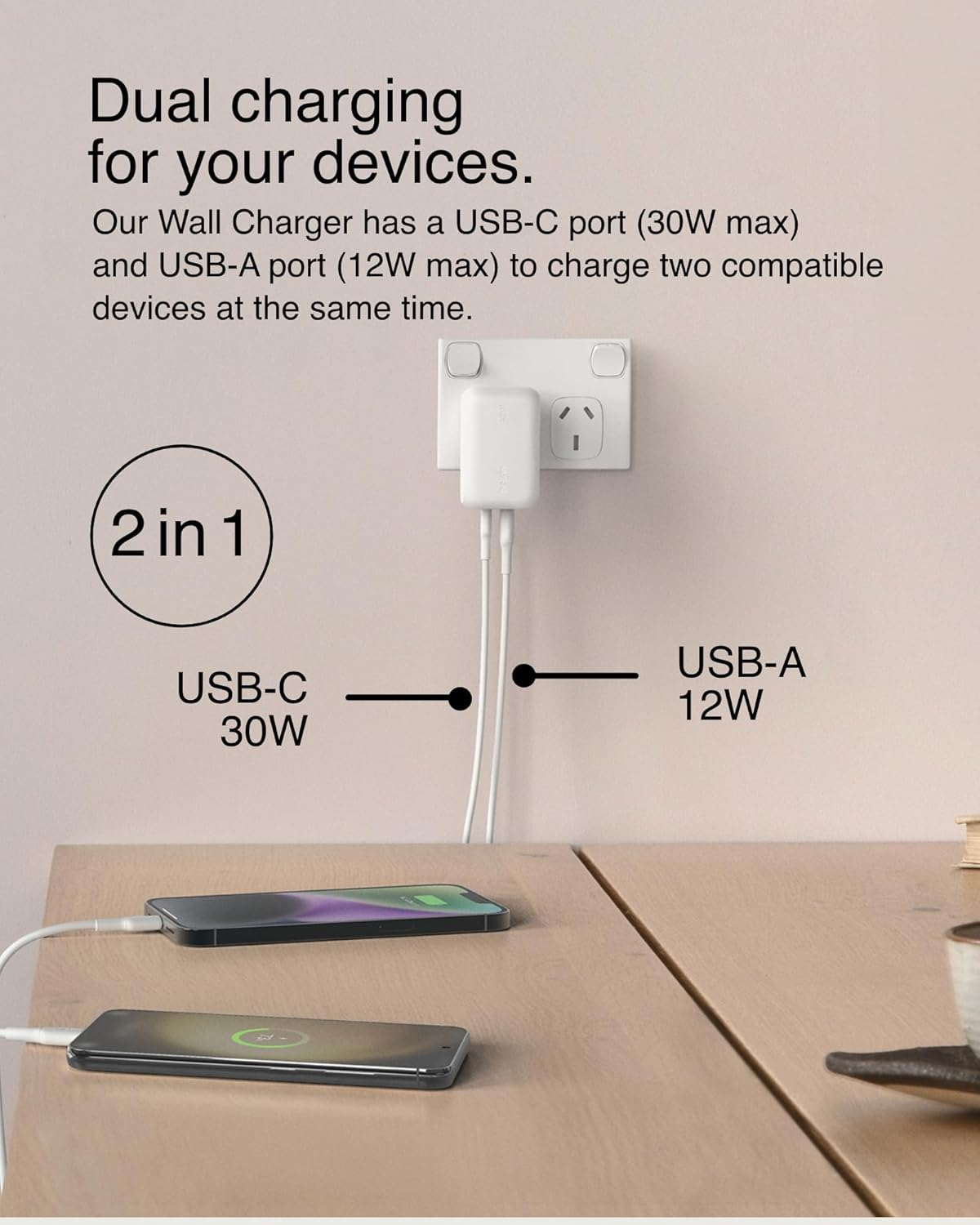 Belkin Boostcharge 42W Dual Port Wall Charger, USB-C, USB-A Charger Fast Charging for Iphone 16/15/14/13 Series, Galaxy S23 Ultra, Ipad, Airpods & More - White image number 2