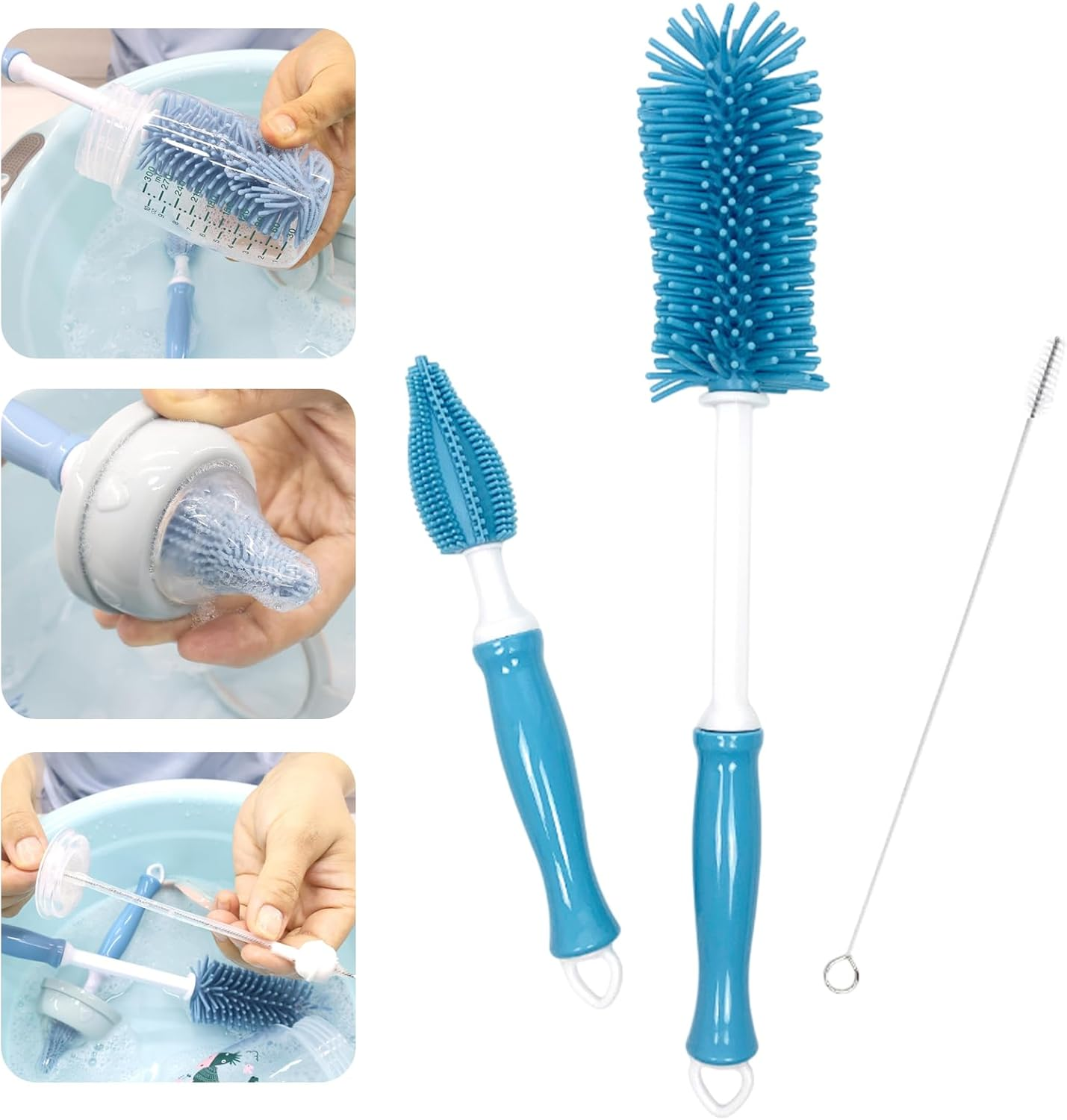 3 Pcs Silicone Bottle Brush Cleaning Set, 12" Long Handle Bottles Cleaner for Baby Bottles, Sports Bottle, Wine Decanter, Narrow Cup, Vase, Glassware, and Smaller Diameter Bottle Openings(Color:Blue)