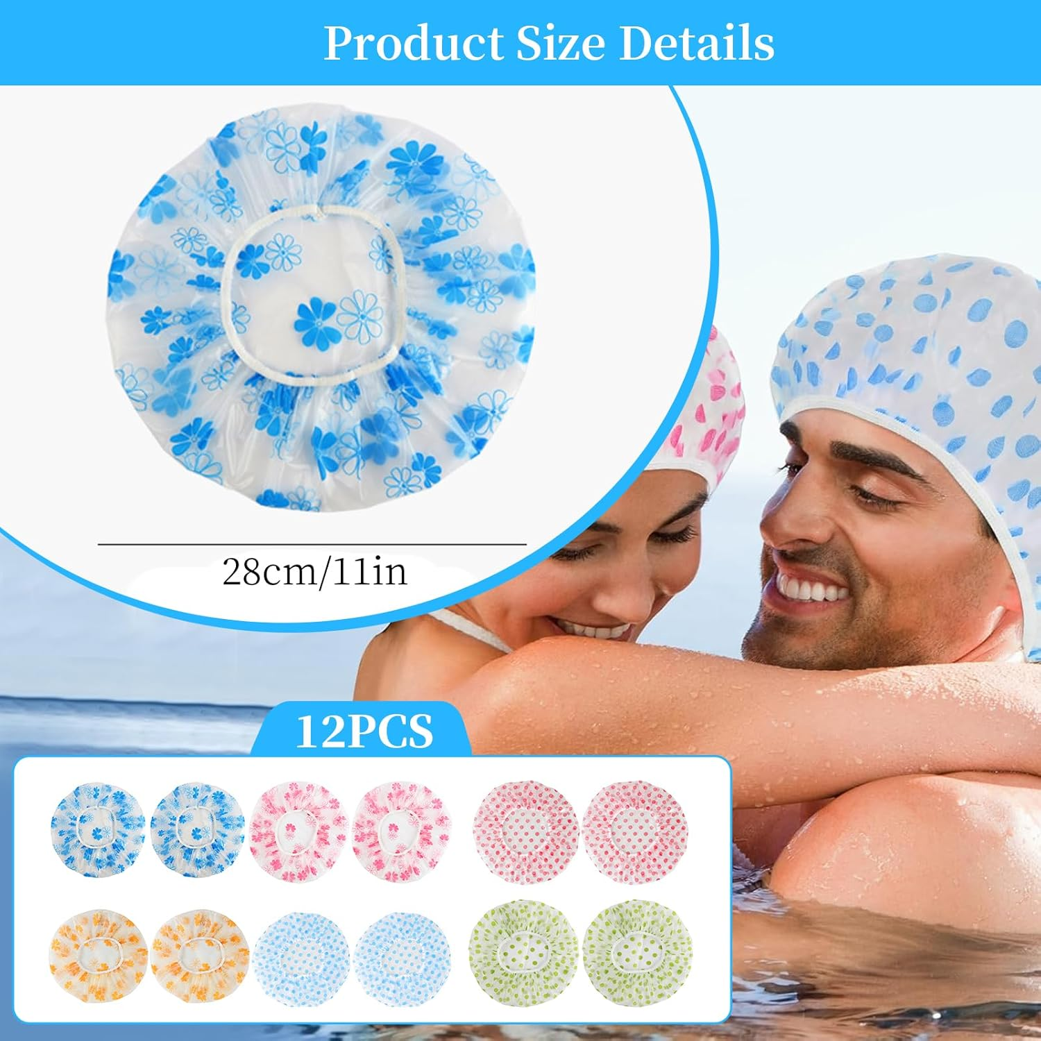 12 Pieces Thickened Shower Caps Combo Pack Waterproof Reusable Plastic Bath Caps Beauty Salon Spa Shower Caps Lace Elastic Band Bath Hair Hat Suitable for Women Ladies Fit for Home and Travel image number 1