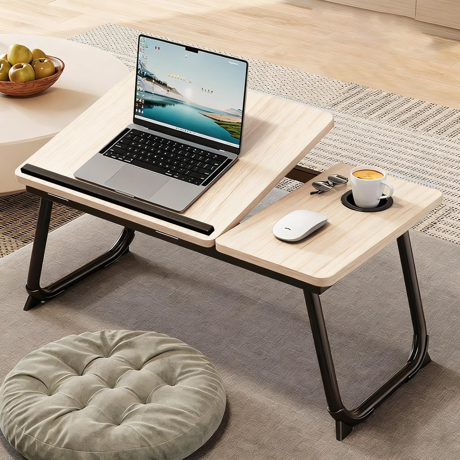 Adjustable Laptop Desk for Bed, 5-Angle Portable Lapdesk with Non-Slip Bar & Feet, Lightweight Lap Tray Table for Working/Eating/Reading, Includes Cup Holder (Natural Wood) image number 3