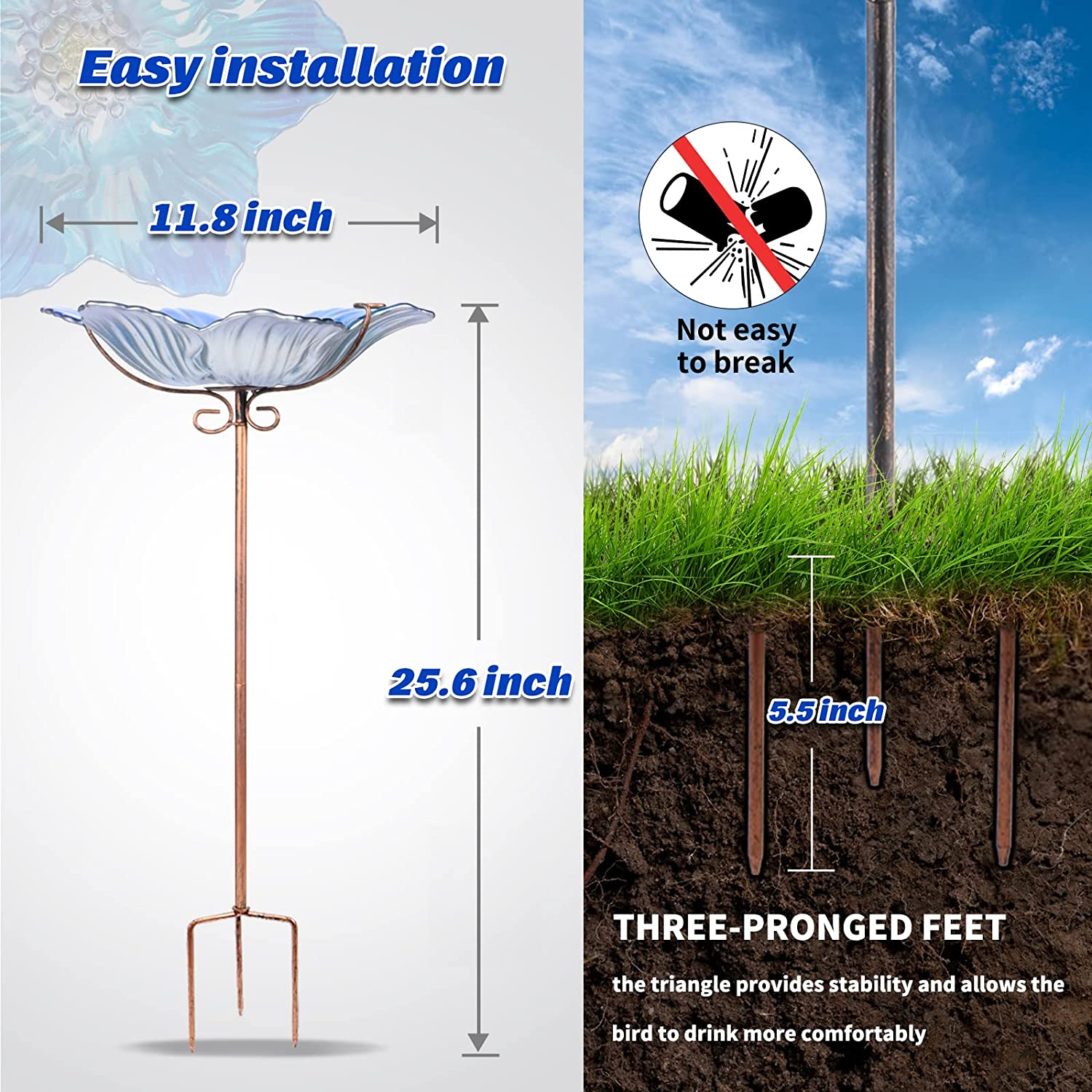 MUMTOP Bird Baths for Outdoors Glass Bird Bath Bowl Outdoor Bird Feeder Flower Pattern with Metal Stake for Garden, Yard and Lawn Decor(Blue) image number 6