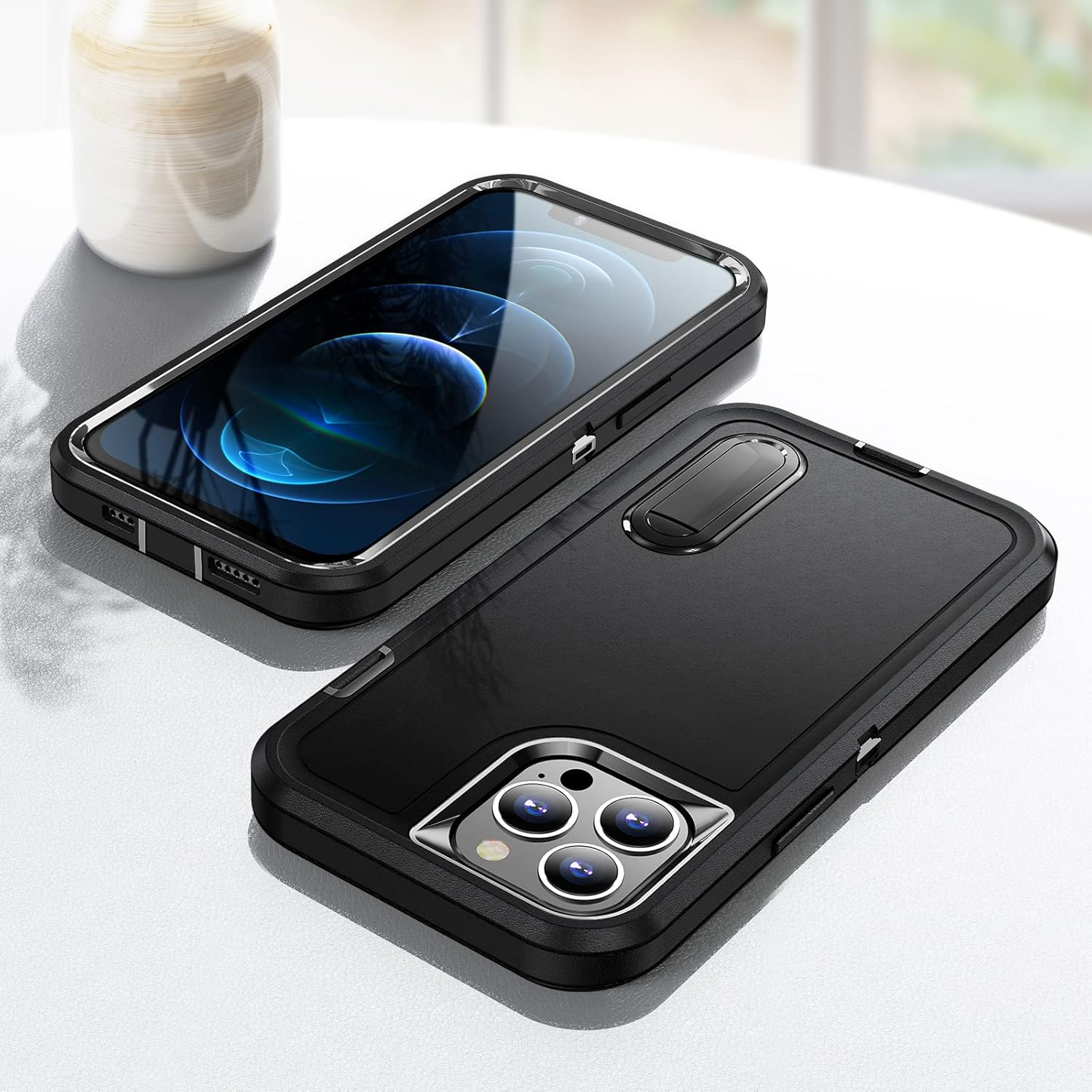 Shockproof Case for Iphone 12/12 Pro Case with Kickstand,Military Grade Drop Protective,Heavy Duty Hard Back 3-Layer Protective Phone Cover for Iphone 12/12 Pro (Black) image number 1