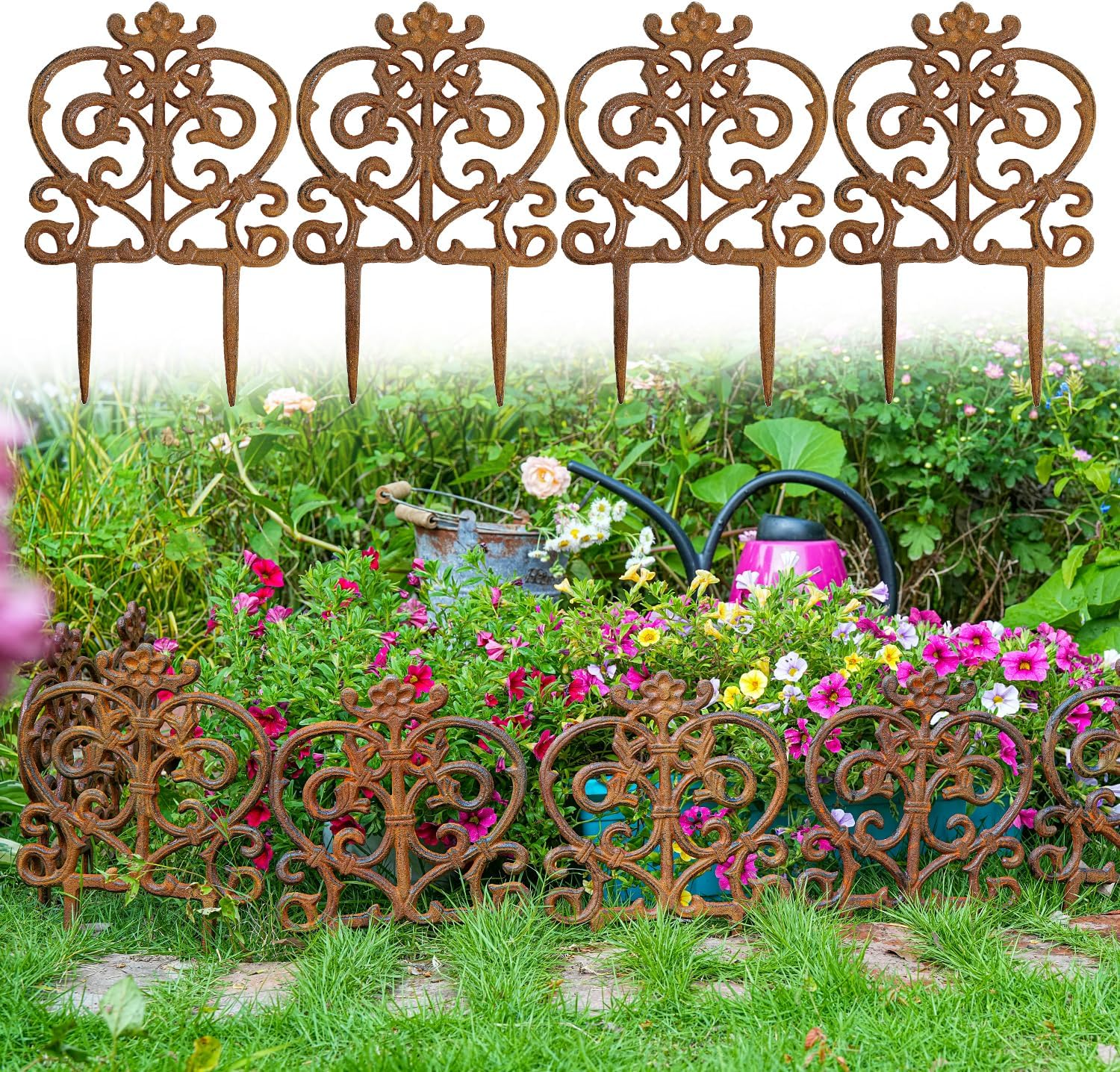 Sungmor Decorative Cast Iron Garden Edging, 4 Pack Rustic White Victorian Garden Edging Landscape Border, Vintage Metal Yard Stake Low Picket Fence, 11.8" Tall Outdoor Flower Bed Lawn Fence Panels