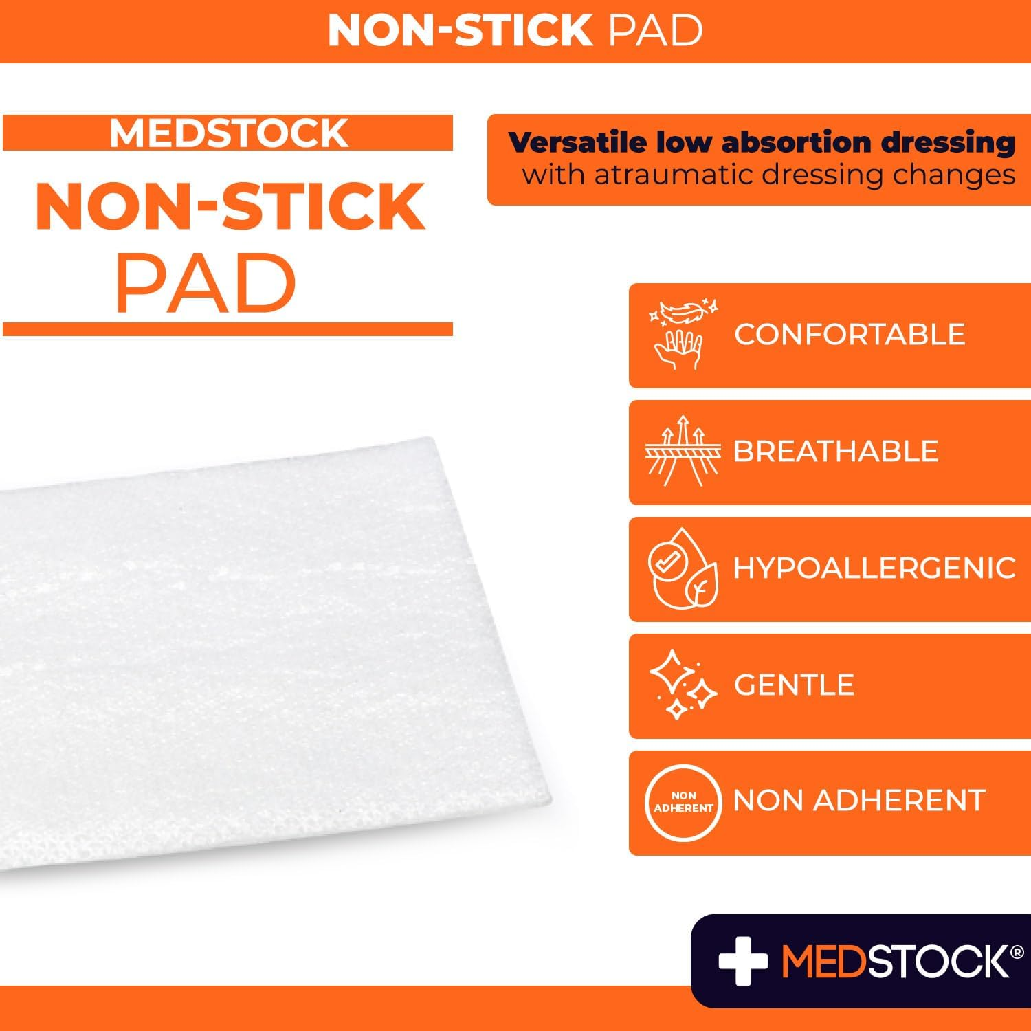 MEDSTOCK Non-Stick Pad, 5CM X 5CM, 50 Count, Gauze Pad Dressing, Non-Stick Wound Care, Surgical Grade, Fragile Tissue Protection, High Absorption, Porous Film Skin Contact Layer, Non Woven Fabric image number 2
