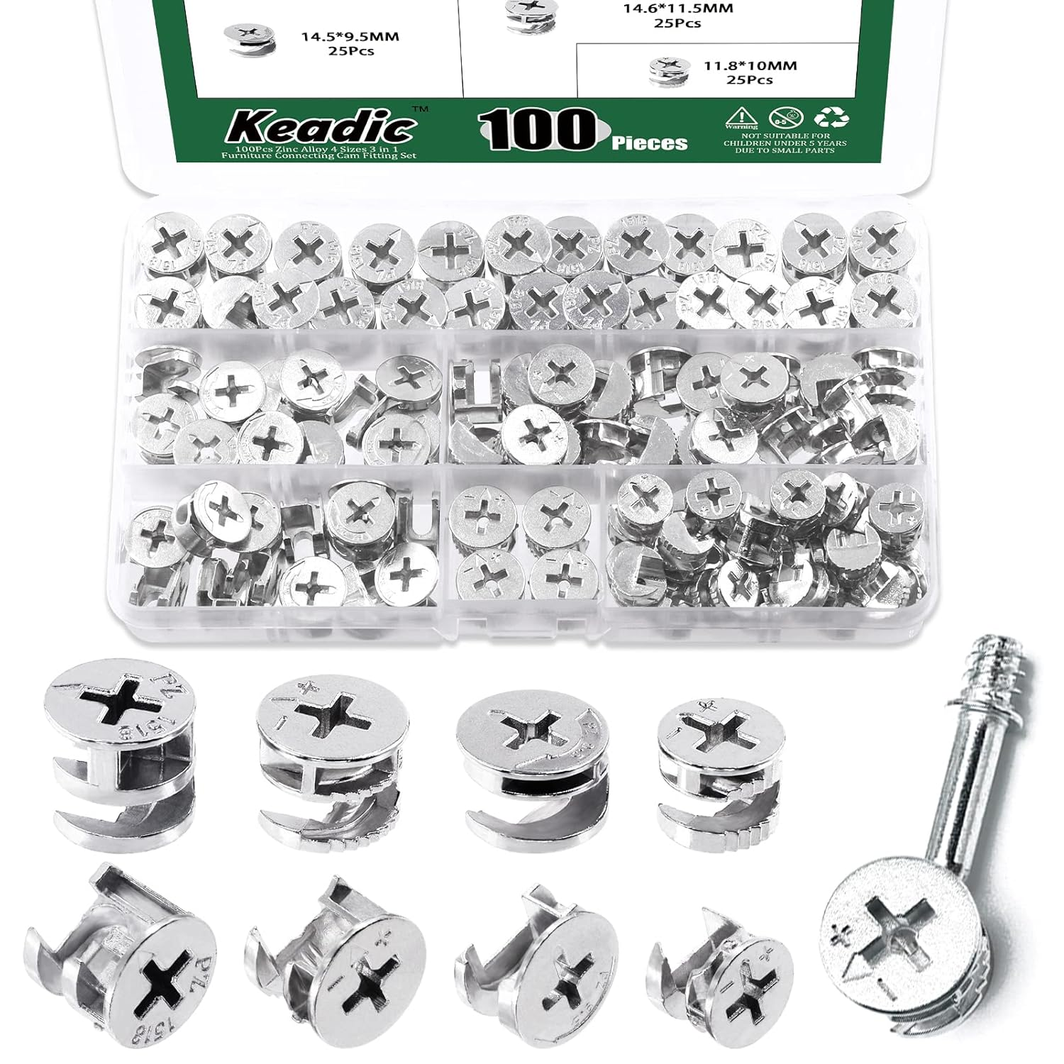 Keadic 100 Pcs 4 Sizes Furniture Connecting Cam Lock Fittings Assortment Kit, Heavy Duty Joint Connector Nut Cabinet Connectors Hardware Bolts for Wardrobe Drawer Closets Bed image number 3