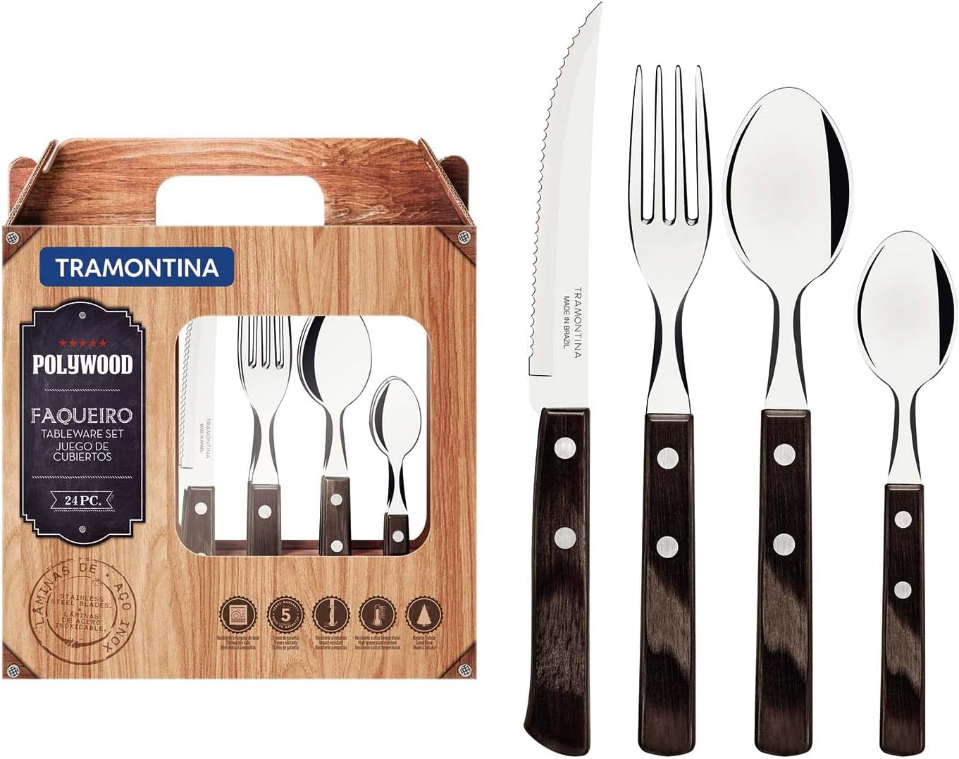 Tramontina Stainless Steel Tableware 24-Pieces Set with Polywood Handles image number 6