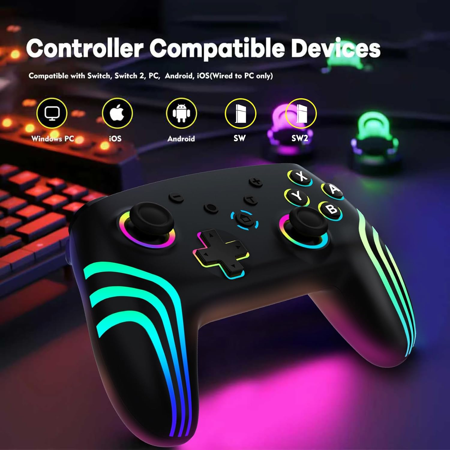 MYSTILUCK Wireless Pro Controller for Switch/Switch 2/Lite/Oled/Pc, Gamepad with 7 Color Changing RGB Lighting/Hall Effect Trigger/Dual Vibration/Turbo, Ergonomically Designed Precise Joystick