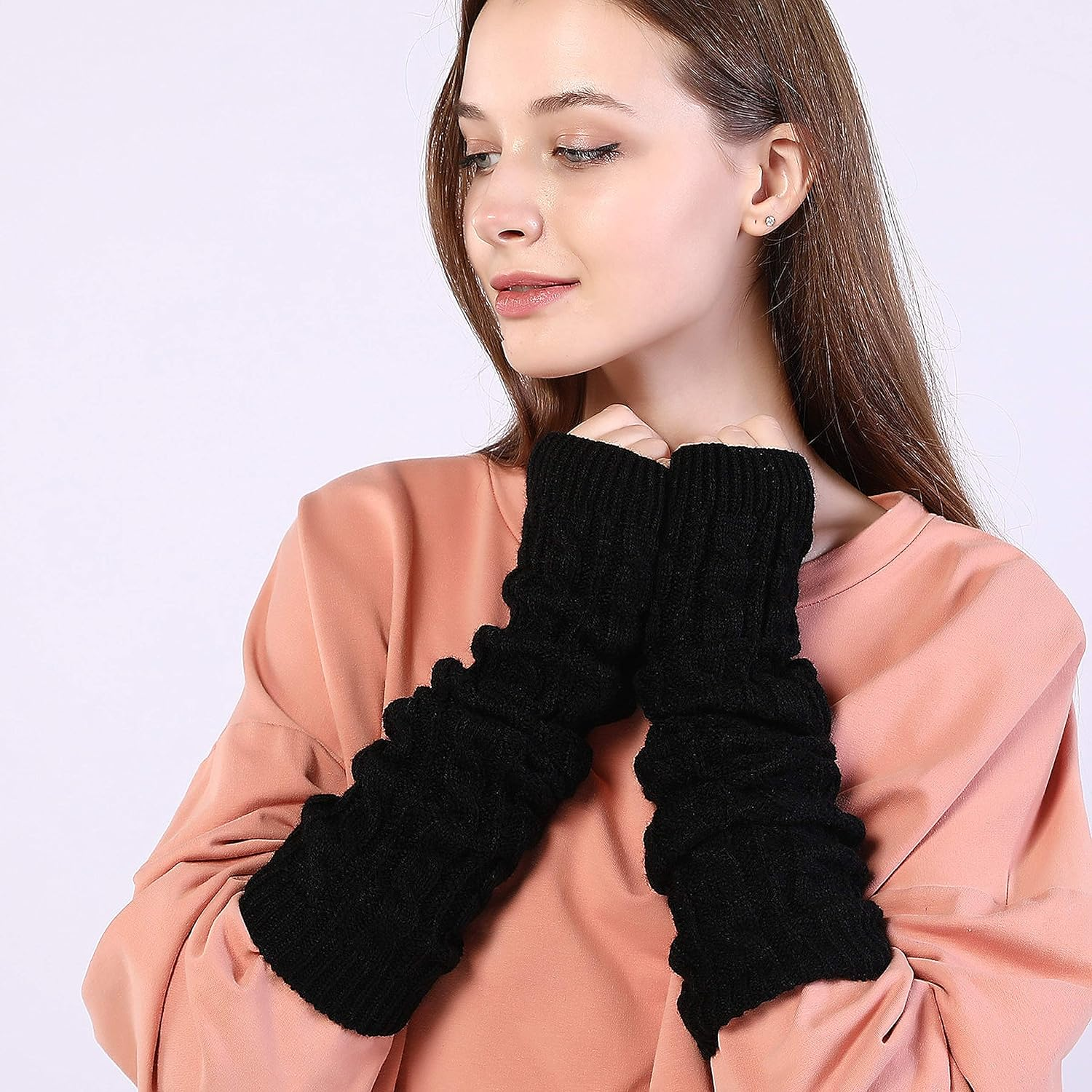 Womens Winter Warm over Elbow Long Fingerless Thumb Hole Gloves Mittens Knitted Arm Warmer - Black image number 2