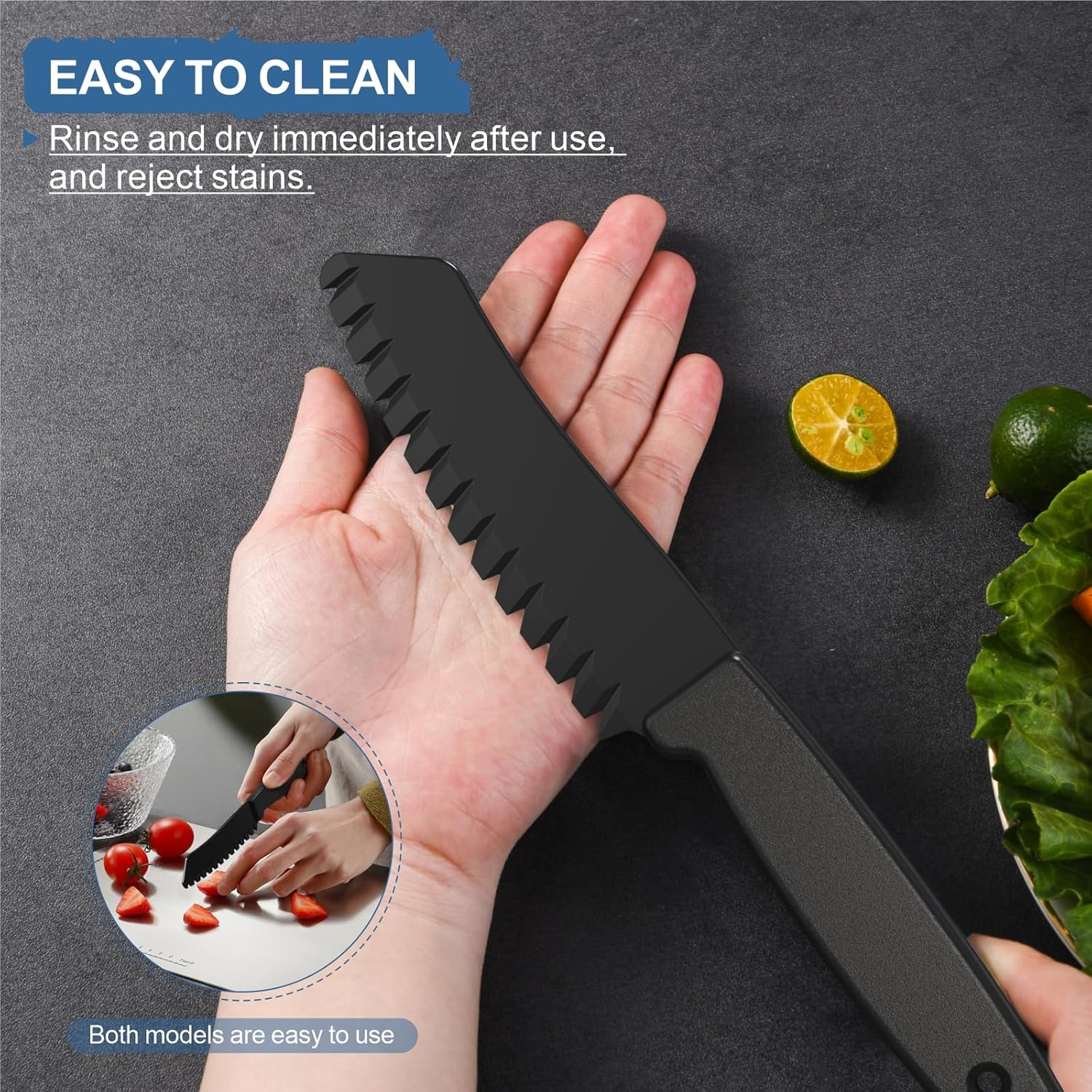 2 Pcs Plastic Knife for Nonstick Pans Lettuce Knife with Serrated Blade Plastic Knife Set for Cutting Fruits, Veggies and Bread, Black and Grey