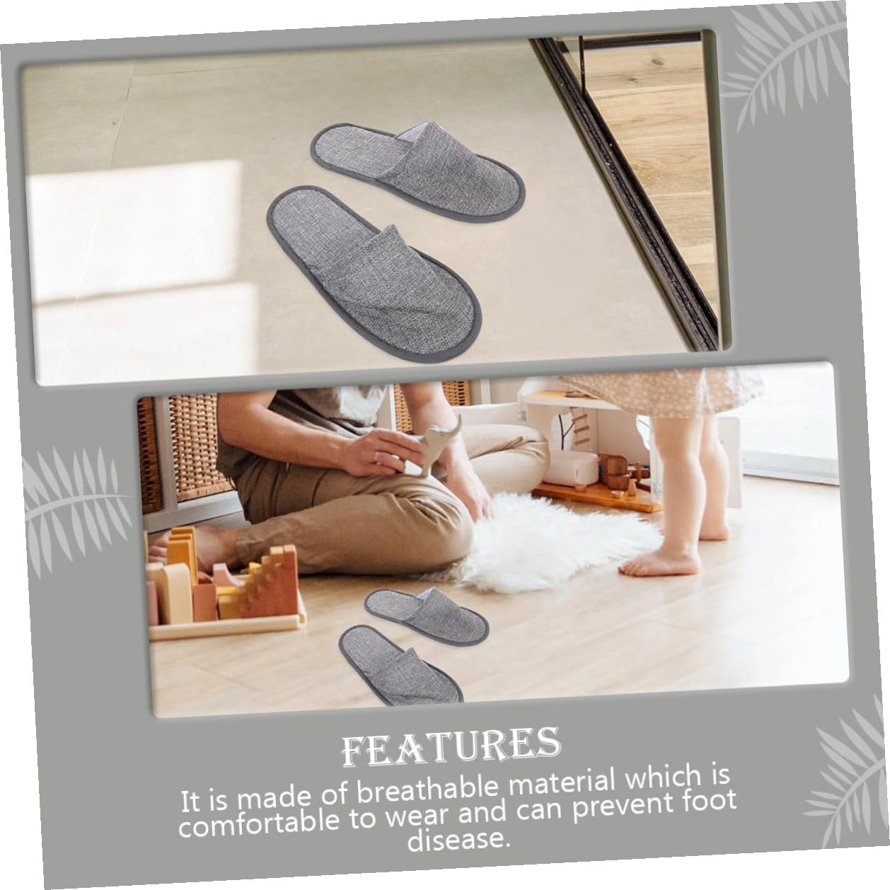 TEHAUX Portable Foldable Disposable Slippers 5Mm Non-Slip Sole, Grey Linen Travel and Guest Slippers for Men and Women, Comfortable Home and Hotel Use image number 4