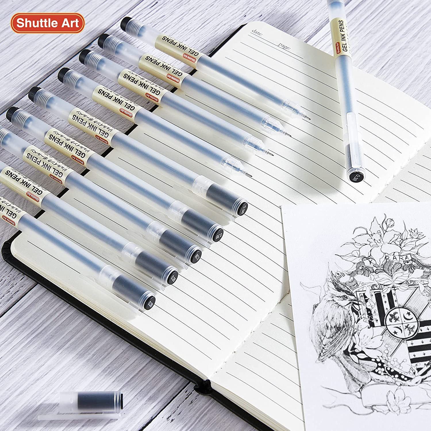Gel Ink Ball Point Pens, Shuttle Art 15 Pack Japanese Style Black Gel Ink Pen Set, 0.38Mm for Home, School and Office