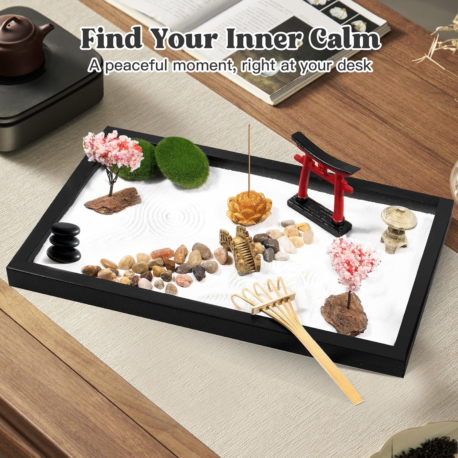 Zen Garden Kit for Desk Decor &ndash; Japanese Mini Zen Sand Garden with 10+ Tools & Accessories, Bamboo Rakes, Torii Gate, Incense Holder & Gift Box &ndash; Stress Relief Desk Ornament for Home & Office image number 2
