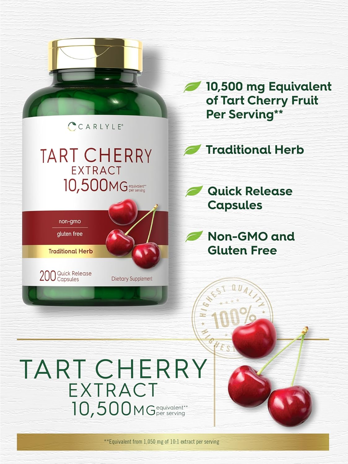 Tart Cherry Capsules | 10,500 Mg | 200 Count | Max Potency | Non-Gmo, Gluten Free | Tart Cherry Juice Extract | by Carlyle image number 5