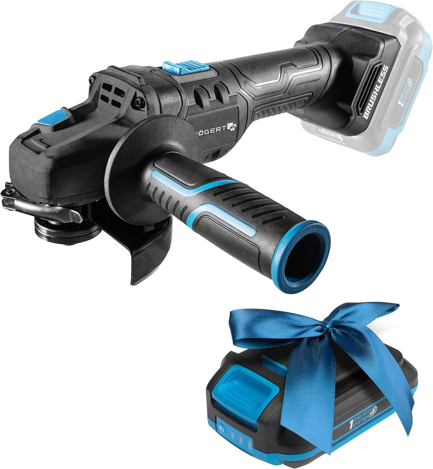 H&Ouml;GERT TECHNIK Cordless Angle Grinder 125 Mm, 18 V Brushless Motor, 8000 Rpm, Tool-Free Protective Devices, Two-Stage Switch, Metal Gear + Promo 2.0 Ah image number 6