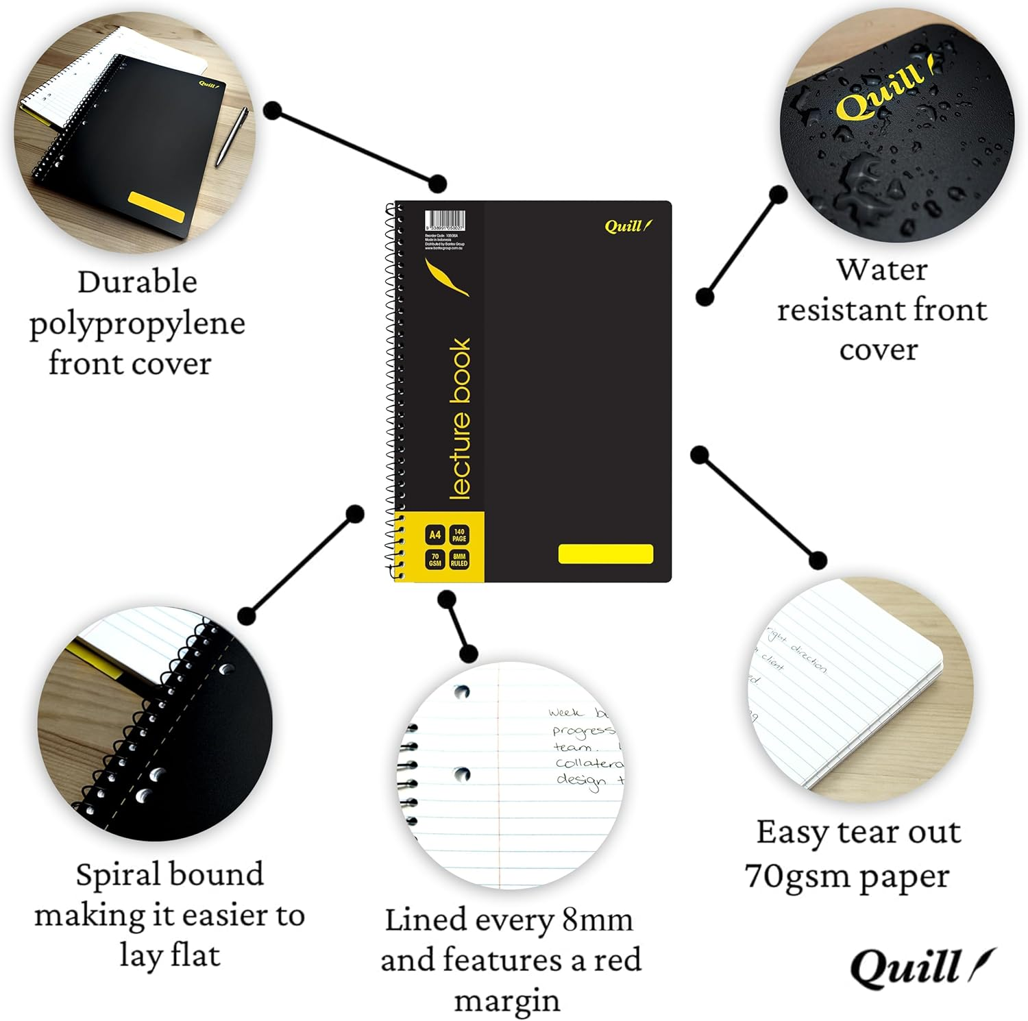 Quill, Lecture Notebook A4, 140 Pages, 70 Gsm, 8Mm Ruled, 7 Punched Holes, Spiral Bound, Waster Resistent Black Cover, Pack of 2 image number 4