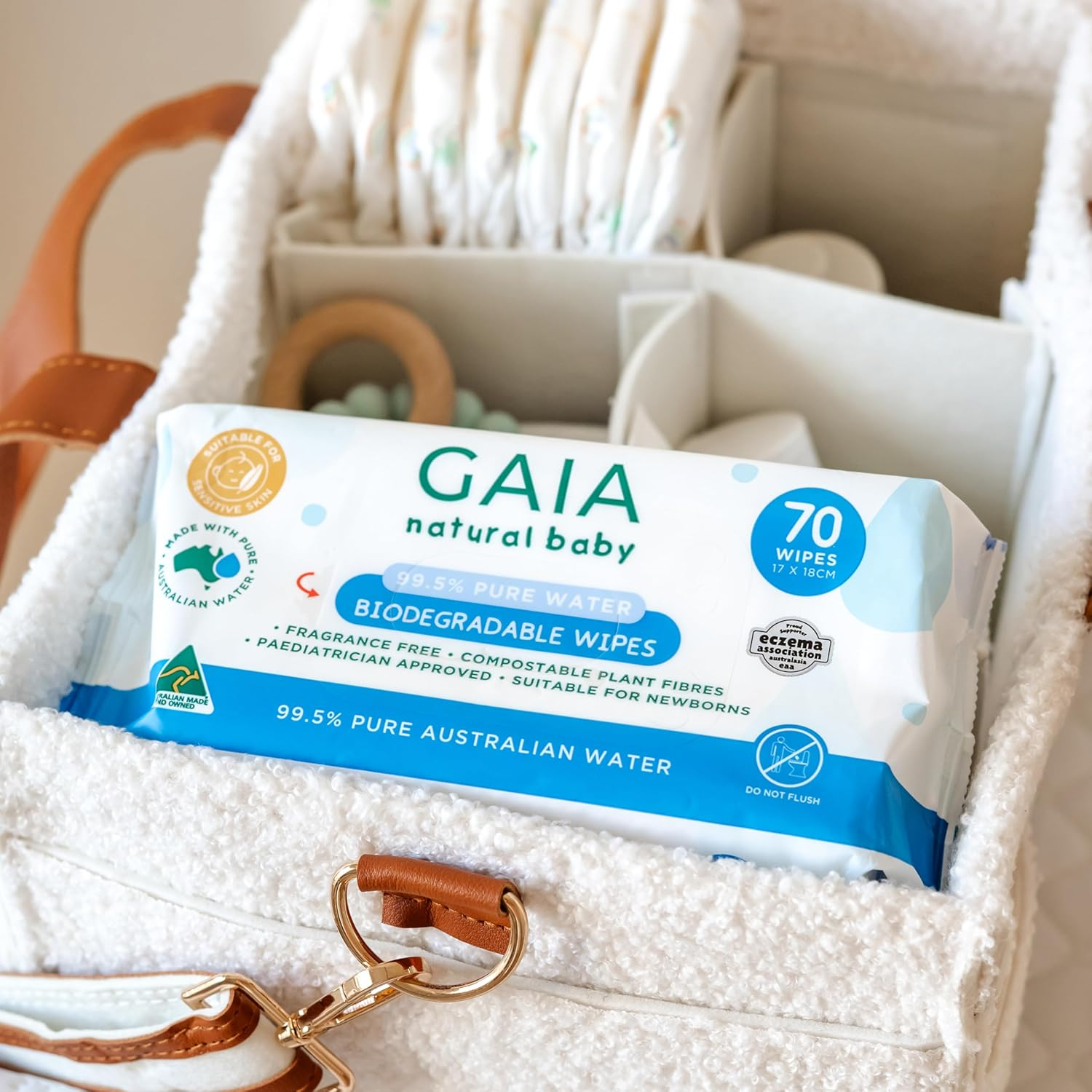 GAIA Natural Baby 99.5% Pure Water Wipes | Pure Australian Water | Paediatrician Approved | Dermatogically Tested | Suitable for Sensitive Skin | Suitable for Newborns | Australian Made | 8X70Pk