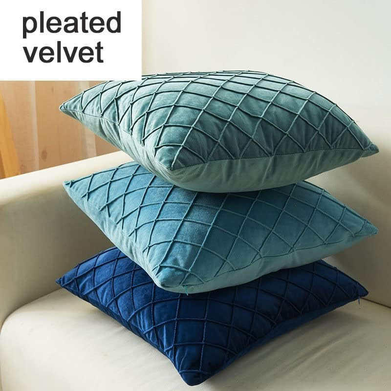 Set of 2 Luxton Pleated Velvet Cushion Covers Teal Green Home Decor Checked Pattern Cushion Covers for Lounge Sofa Couch Bedding Decoration (43X43Cm, Teal Green) image number 6