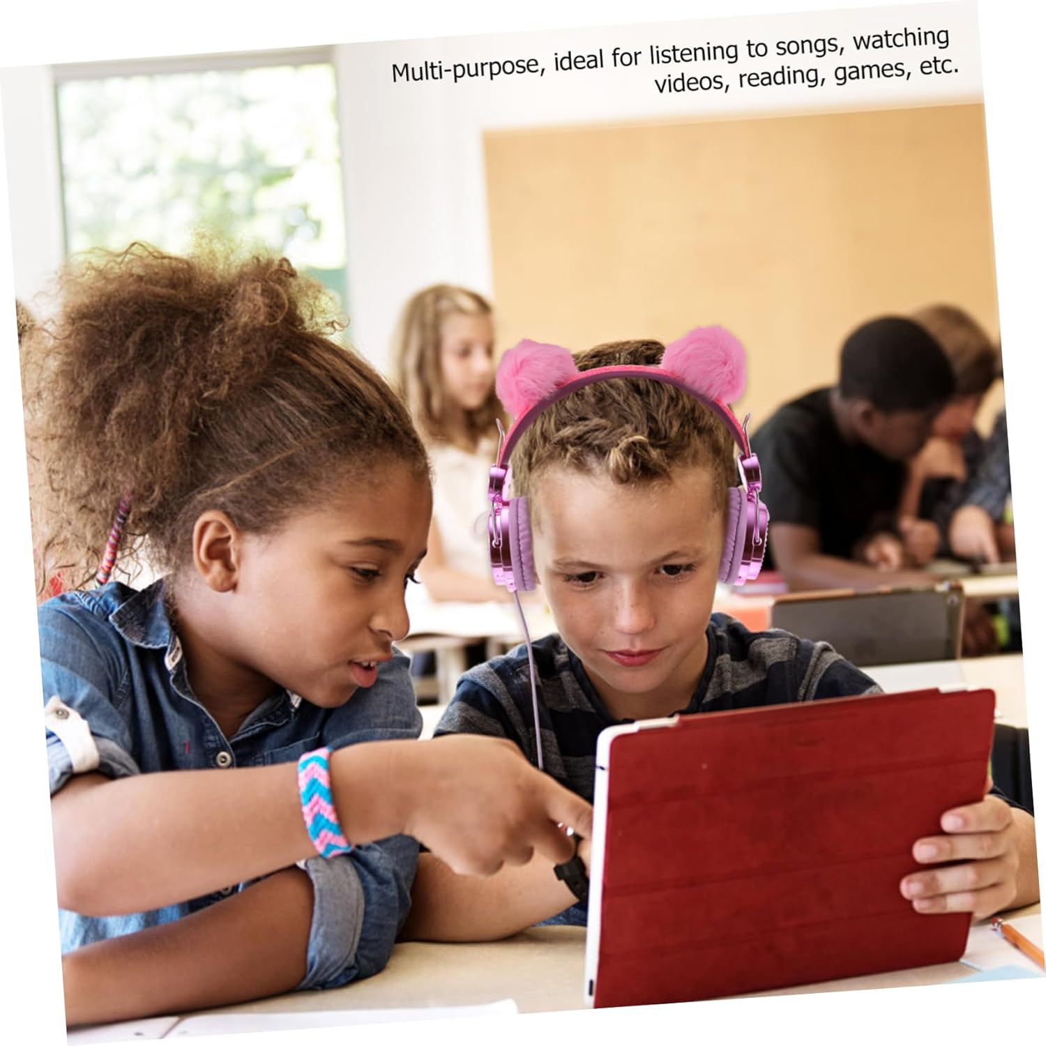 TINEASUR Children Headphones with Mic on Ear Headset for Kids Rhinestone Glitter Furry Ball Design School Travel Use Wired Headphones for Boys and Girls image number 3