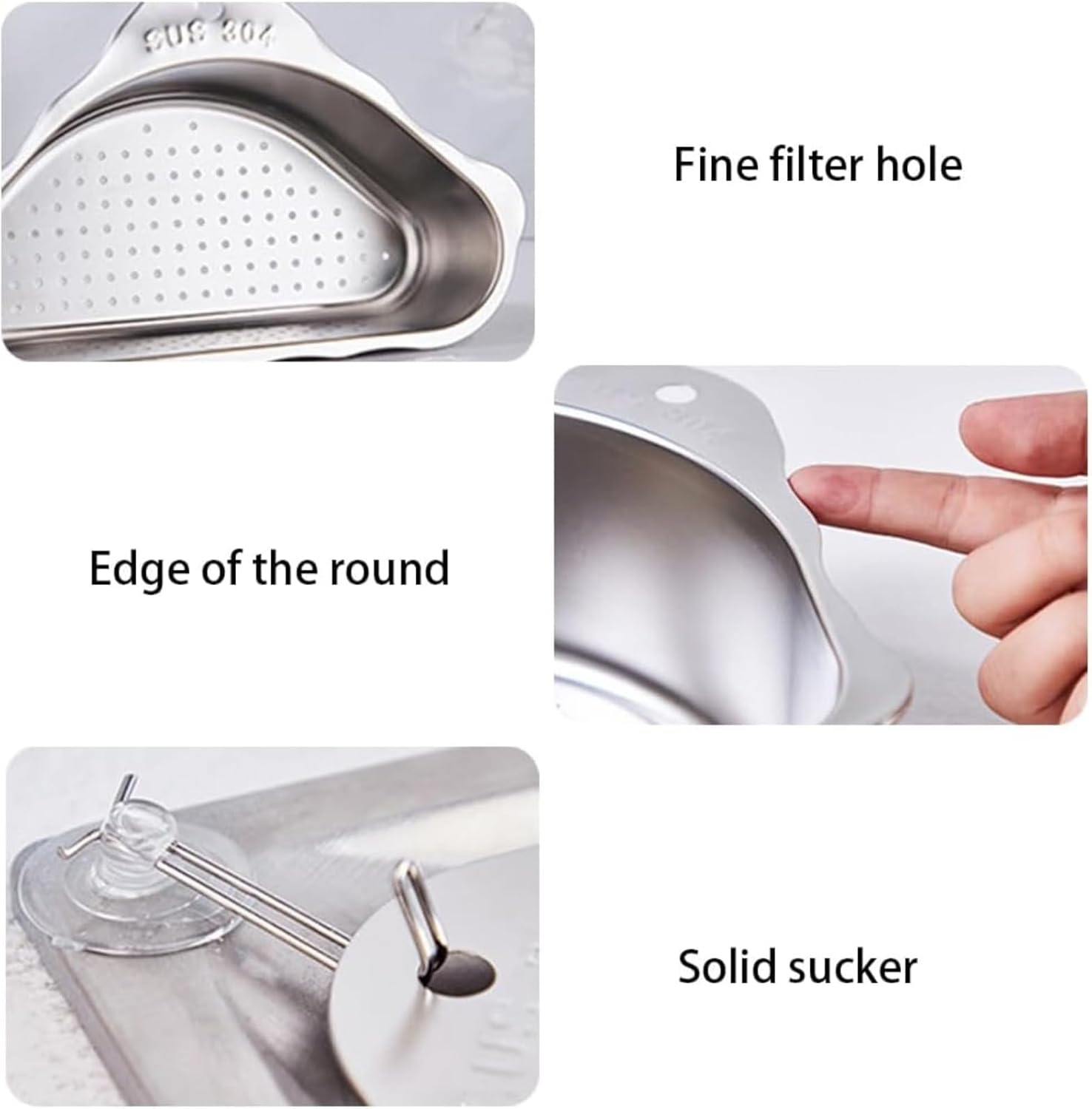 RODISHOMM Triangle Sink Drainer Basket, Stainless Steel Corner Sink Drain Shelf with Suction Cups, Triangular Food Waste Filter for Kitchen Sink, Fruit Washing & Drainage (Silver) image number 2