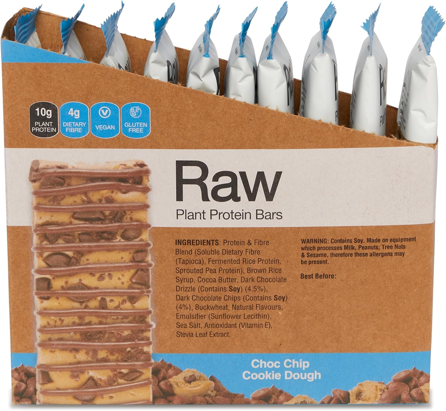 Amazonia Raw Protein Bar Choc Chip Cookie Dough &ndash; 10G Plant Protein, Vegan, Gluten-Free, Non-Gmo, Clean Ingredients List, 4G Prebiotic Dietary Fiber, Made in Australia, 40G X 10 Pack image number 4