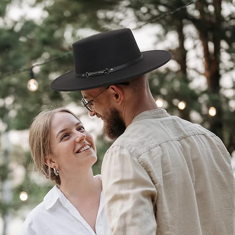 EOZY Women Men Classic Felt Fedora Hat Wide Brim Flat Top Jazz Panama Hat Casual Party Church Hat image number 2