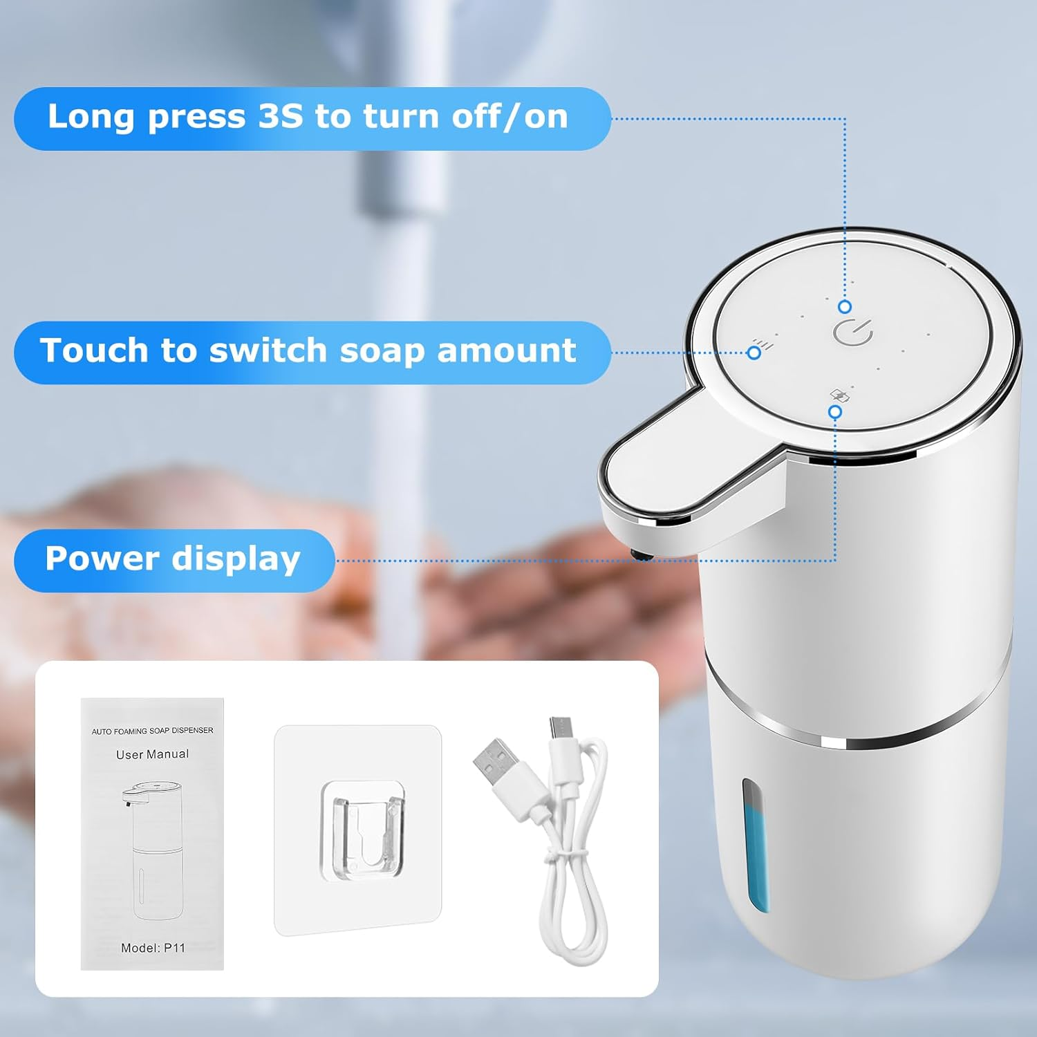 2 Pack Automatic Soap Dispenser,Automatic Liquid Soap Dispenser Touchless,12.8Oz/380Ml USB Rechargeabled Wall Mounted Smart Soap Dispensers for Bathroom Kitchen Dish Soap image number 6