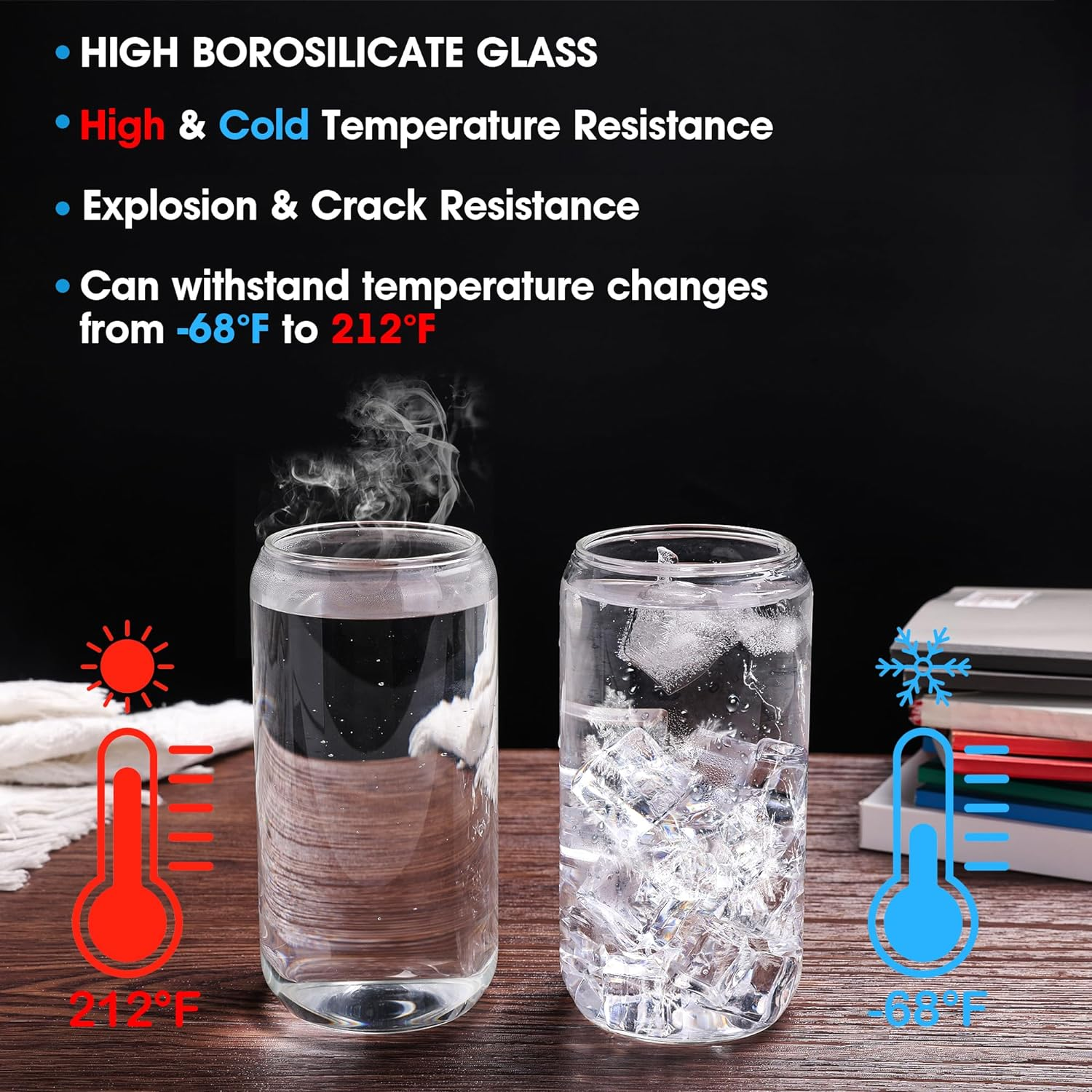 Drinking Glasses with Bamboo Lids and Glass Straw, 16Oz Can Shaped Glass Cups, Beer Can Glasses, Iced Coffee Cups, Glass Tumbler with Straw, for Cocktail, Whiskey, Gift - Clear Glass Cup Set(12 Pack) image number 1