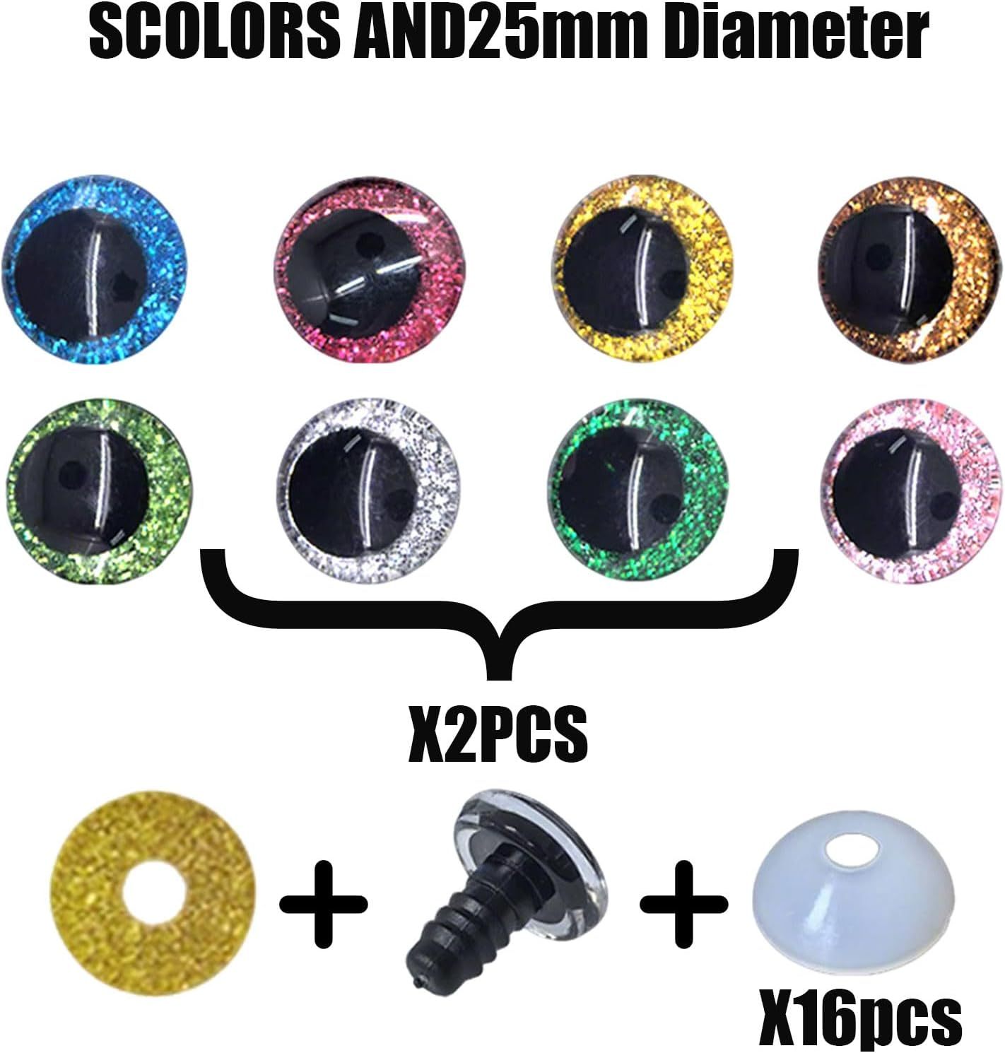 Xolixorium 3D Glitter Safety Eyes with Washers 8 Colours Strabismus Eyes for Amigurumi Crochet Dolls DIY Craft Toy Making Supplies (25Mm)