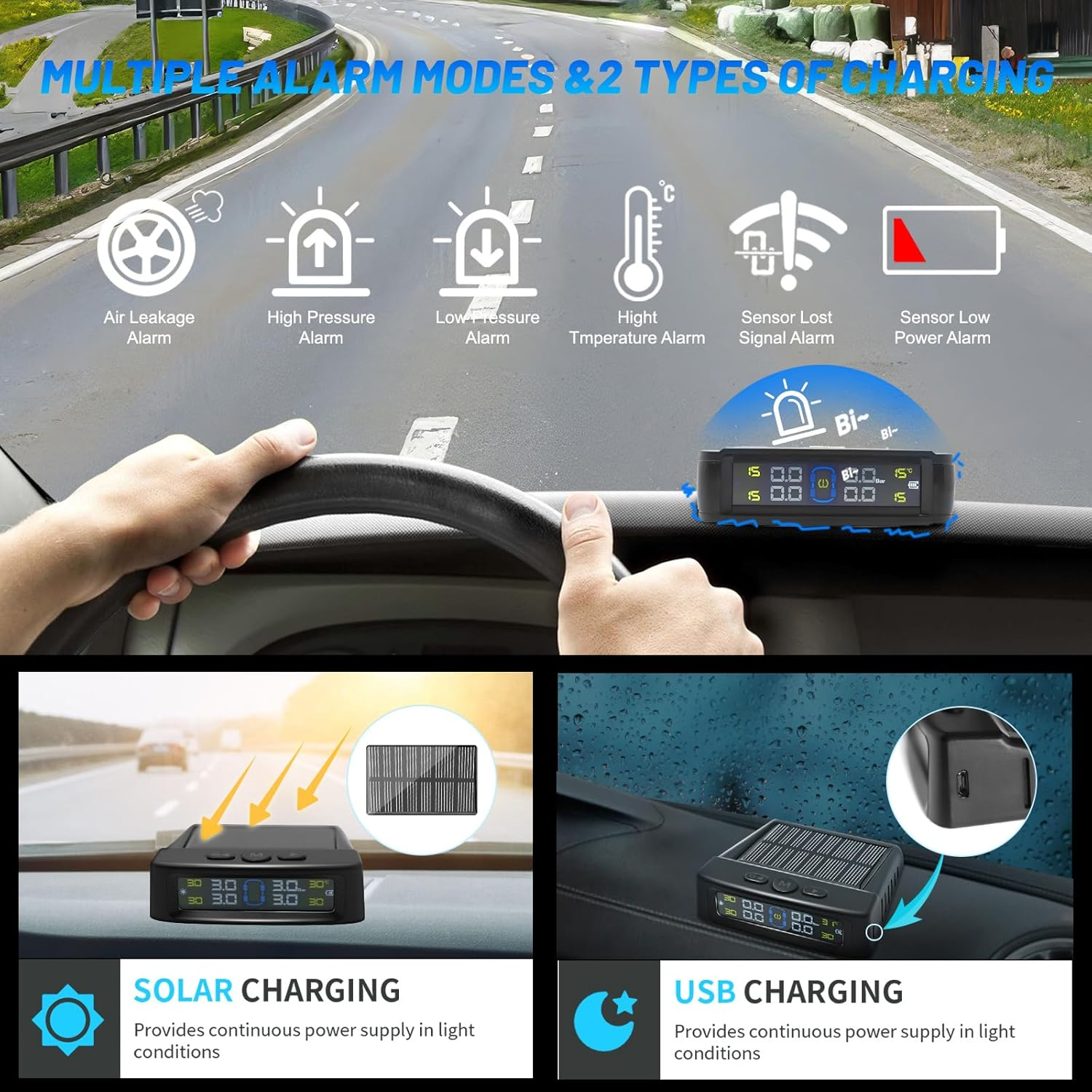 Tire Pressure Monitoring System with 4 External Sensors, TPMS Tire Pressure Monitor System & 6 Alarm Modes, Solar & USB Charge, Easy to Install, LCD Real-Time Display, Auto Sleep Mode