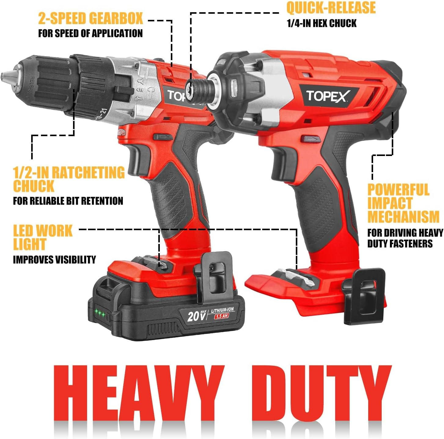 TOPEX 20V Cordless Combo Kit Hammer Drill & Impact Driver W/Fast Charger