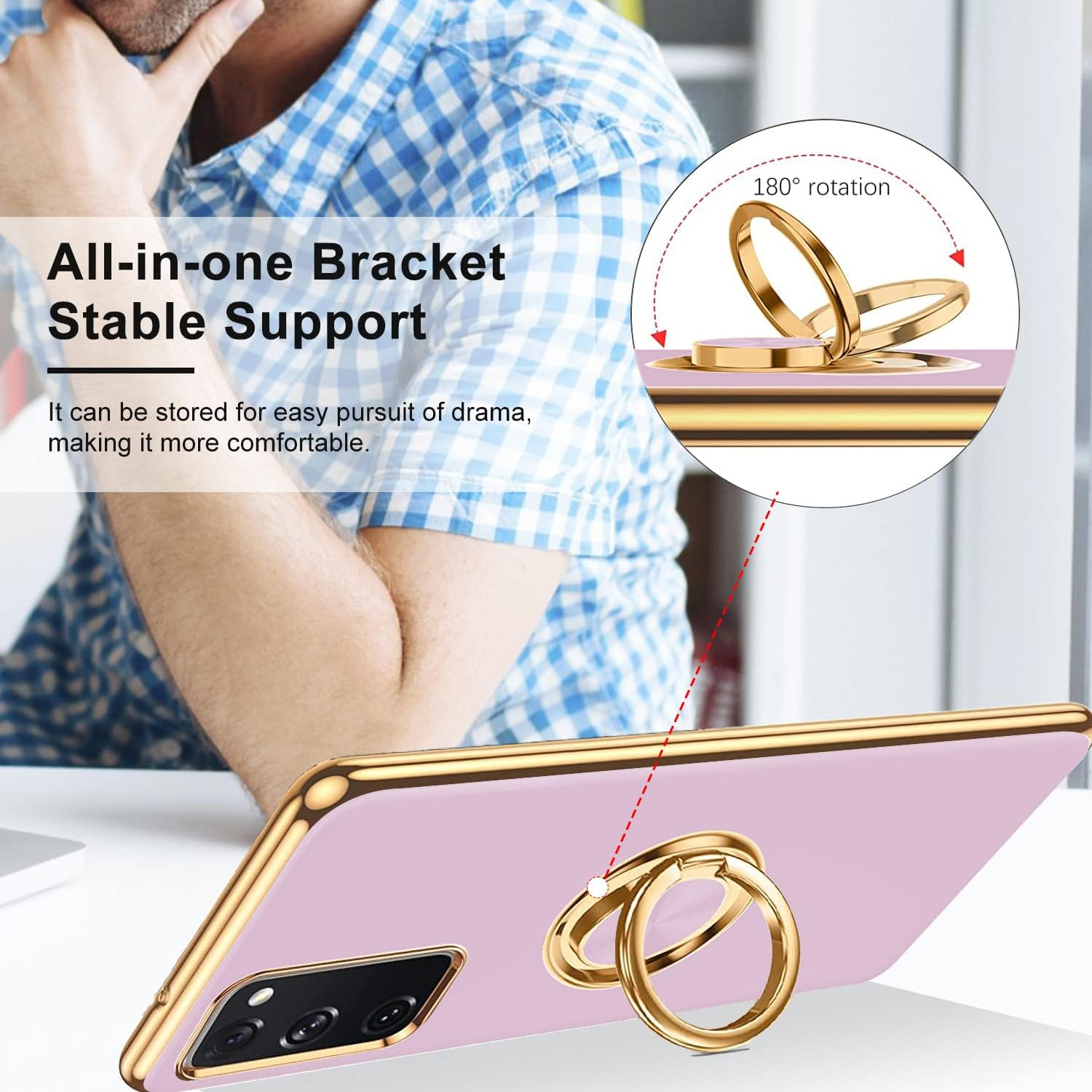 For Galaxy S20 FE 5G Ring Holder Case Edge Plating 360 Degree Rotation Kickstand Case Soft Silicone TPU Women Girls Slim Soft Flexible Protective Case for Samsung S20 FE 5G (Purple) image number 4