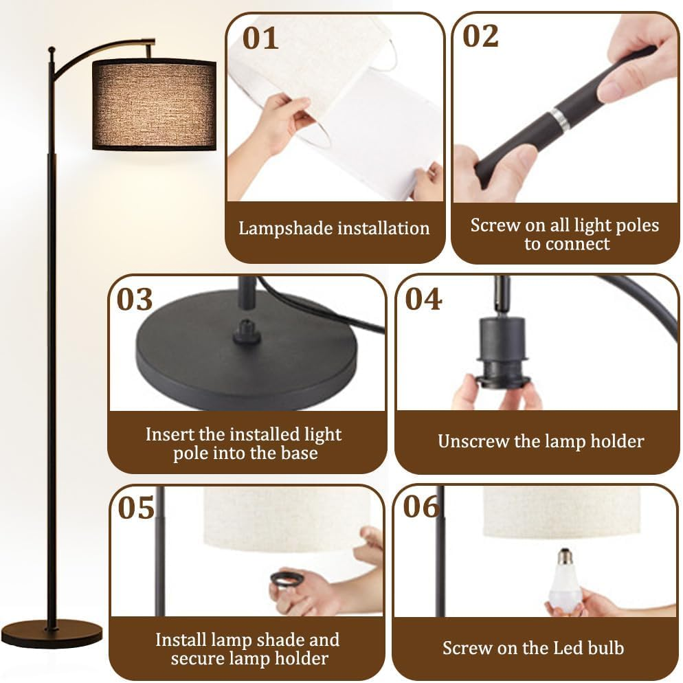 61'' Floor Lamp for Living Room, Necomi Curved Floor Lamp, 3 Colour Temperatures 3000K-5000K, Modern LED Floor Lamp with 9W LED Bulb and Linen Shade (Adjustable), Bedroom Office Dining Room（Black image number 5