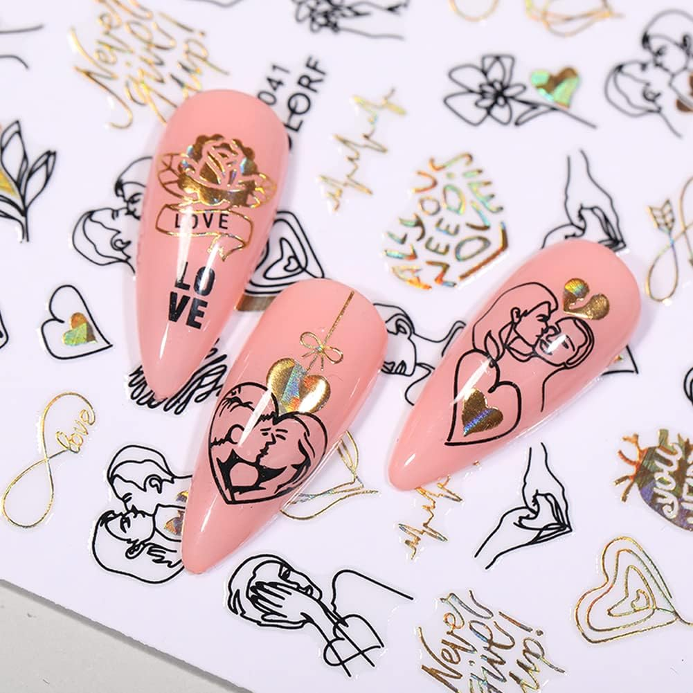 9 Sheets Valentines Day Nail Art Stickers 3D Metallic Black Gold Valentine'S Day Nail Decals Metal Abstract Nail Stickers Love Heart Kiss Rose Lips Designs for Valentines Nail Art Decorations image number 5
