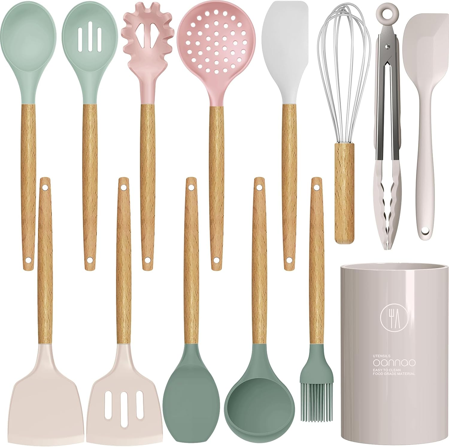 Silicone Kitchen Utensils Set - 446&deg;F Heat Resistant Cooking Utensil Sets, Spatula,Turner,Tongs,Spoon,Brush,Whisk, Wooden Handle Silicone Kitchen Gadgets Tools for Non-Stick Cookware BPA Free (Pink)