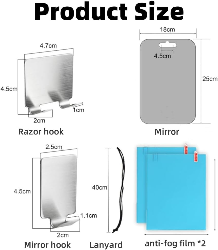 HIDOSNG Shower Mirror anti Fog 25 * 18CM Extra Large Fogless Shower Mirror with 2 Steel Razor Hooks&Updated Fogless Tech PET Film