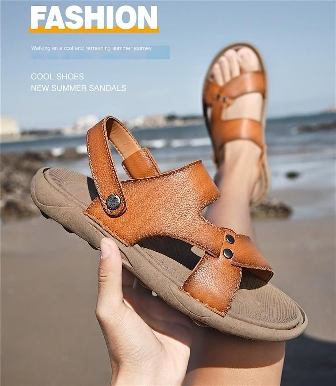 Summer Sandals Men Casual Beach Shoes Leather Thick Sole anti Slip Male Open Toe Shoes Black Brown Arch Support (Color : Khaki, Size : 8) image number 6