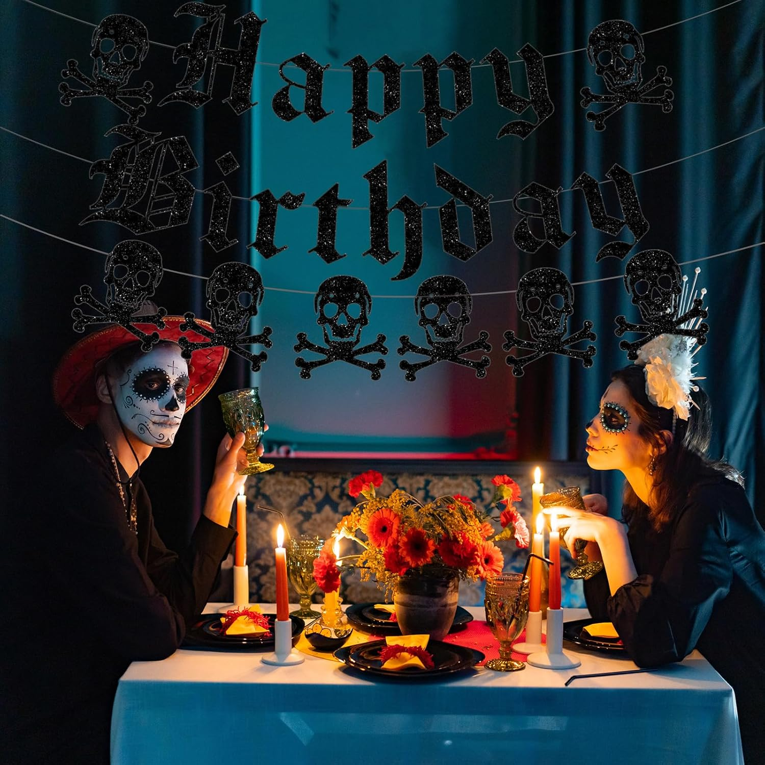 Gothic Happy Birthday Banner Black Glitter Old English Skull Garland Funny Funeral Birthday Banner for Scream Party,20Th 30Th 40Th Birthday,Gothic Birthday Decorations,Halloween Party image number 2