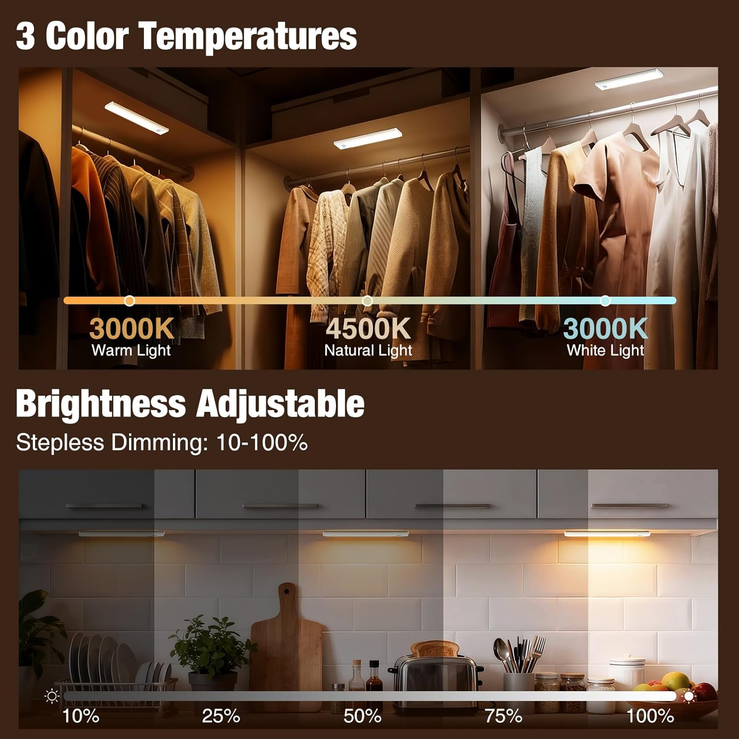 Slochi Cabinet Light with Motion Sensor, 3 Colours, 3000 K/4000 K/6500 K, Dimmable Under-Unit Light, Kitchen, Rechargeable Cabinet Lighting, 3 Modes Magnetic LED Light Strip for Cabinet, Stairs image number 3