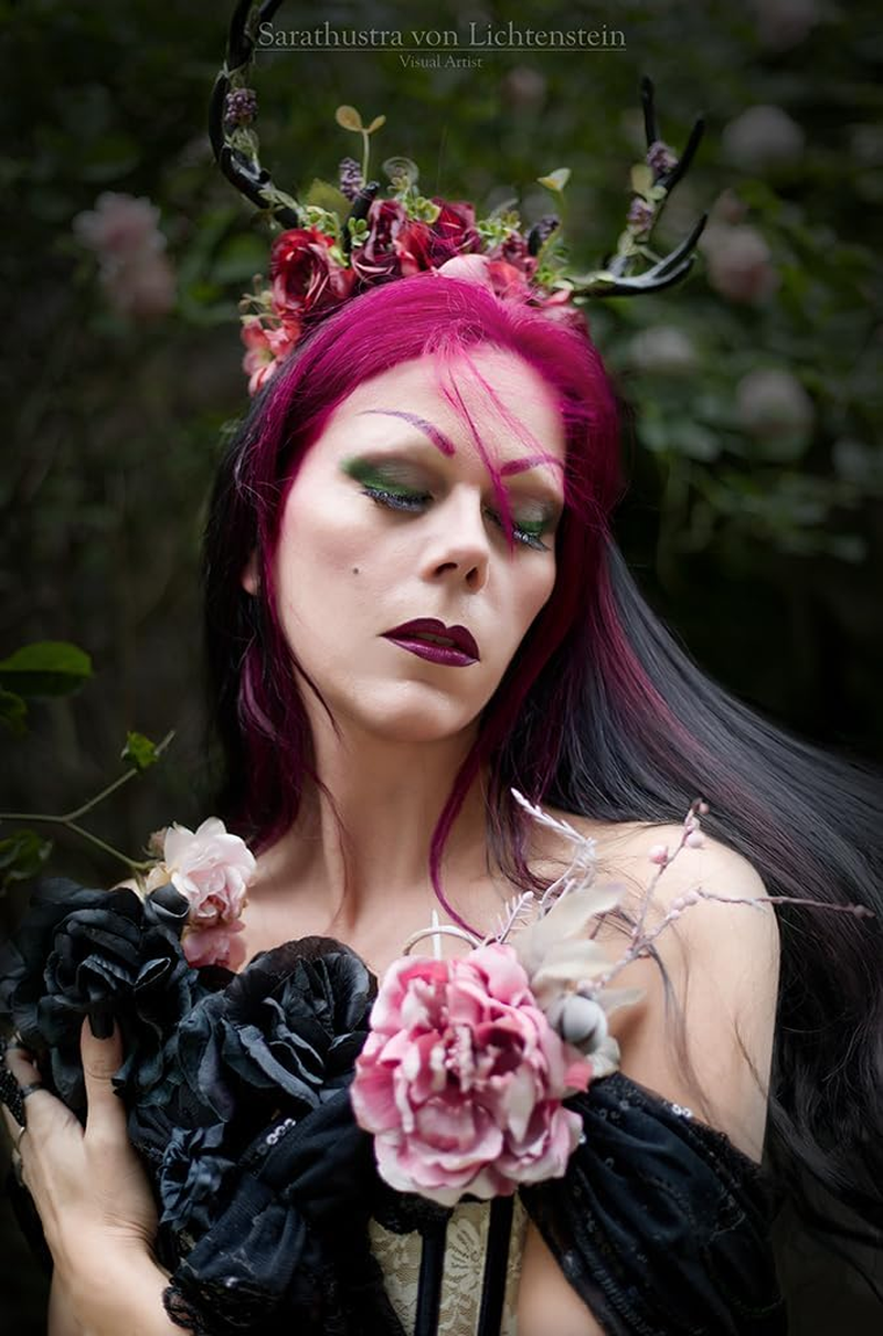 MOSTORY Flower Reindeer Headband for Women - Floral Antler Headpiece Woodland Deer Horns Hairband for Renaissance Cosplay