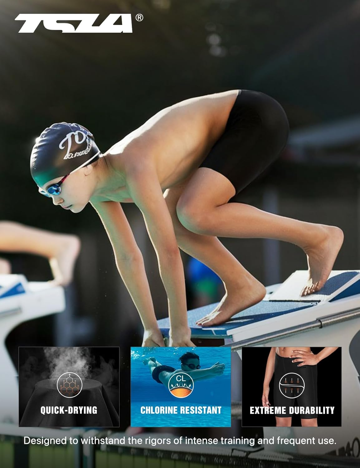 TSLA Boy'S Swim Jammer, Youth Racing Competitive Swimming Shorts Trunks, UPF 50+ Sun Protection Endurance Training Swimsuit TM-BSJ06-JPB Large [US 14-16]