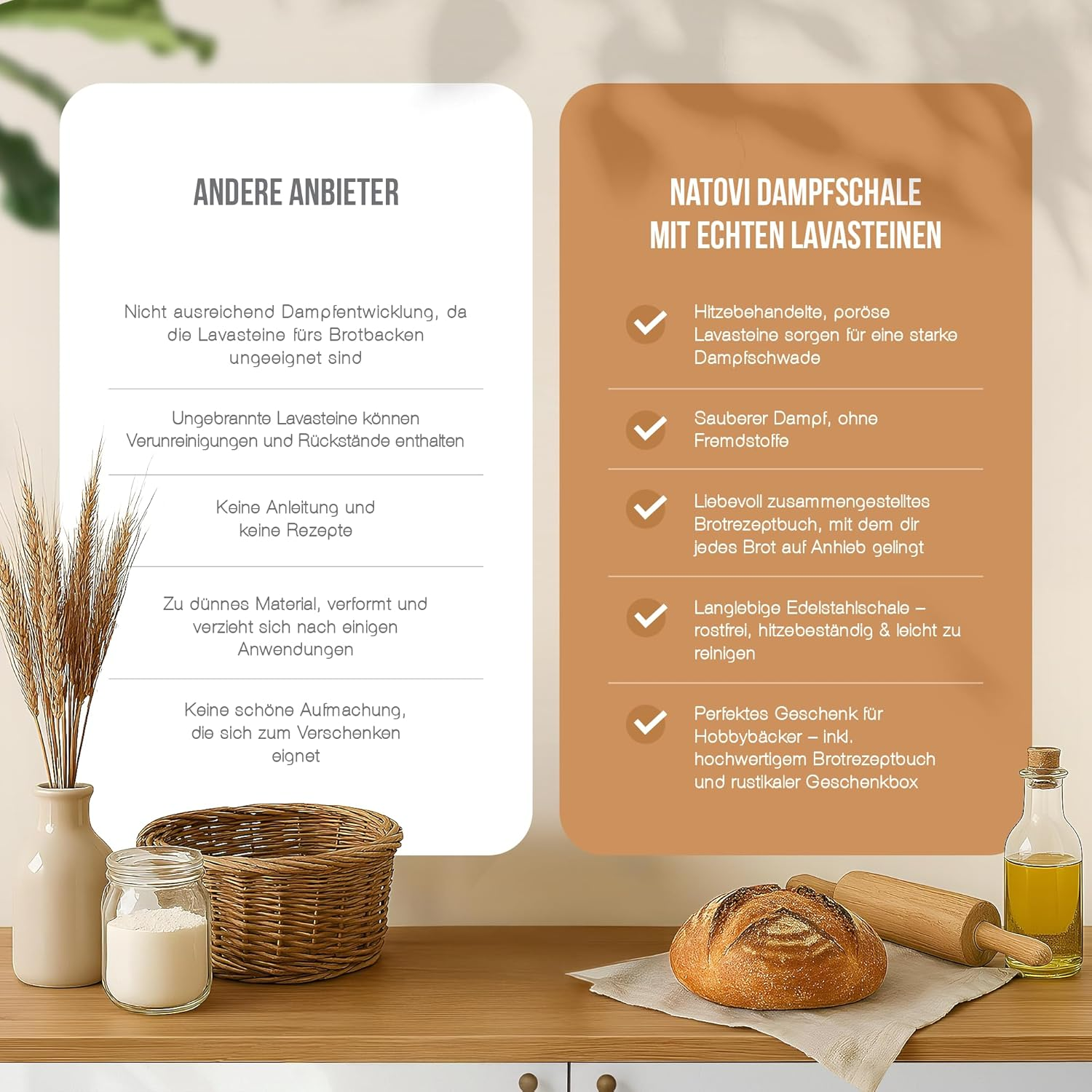 Natovi - Premium Steam Bowl with Natural Lava Stones - Bread Baking Accessories with Burnt Lava Stones for Intense Steam - Lava Stones Oven image number 1