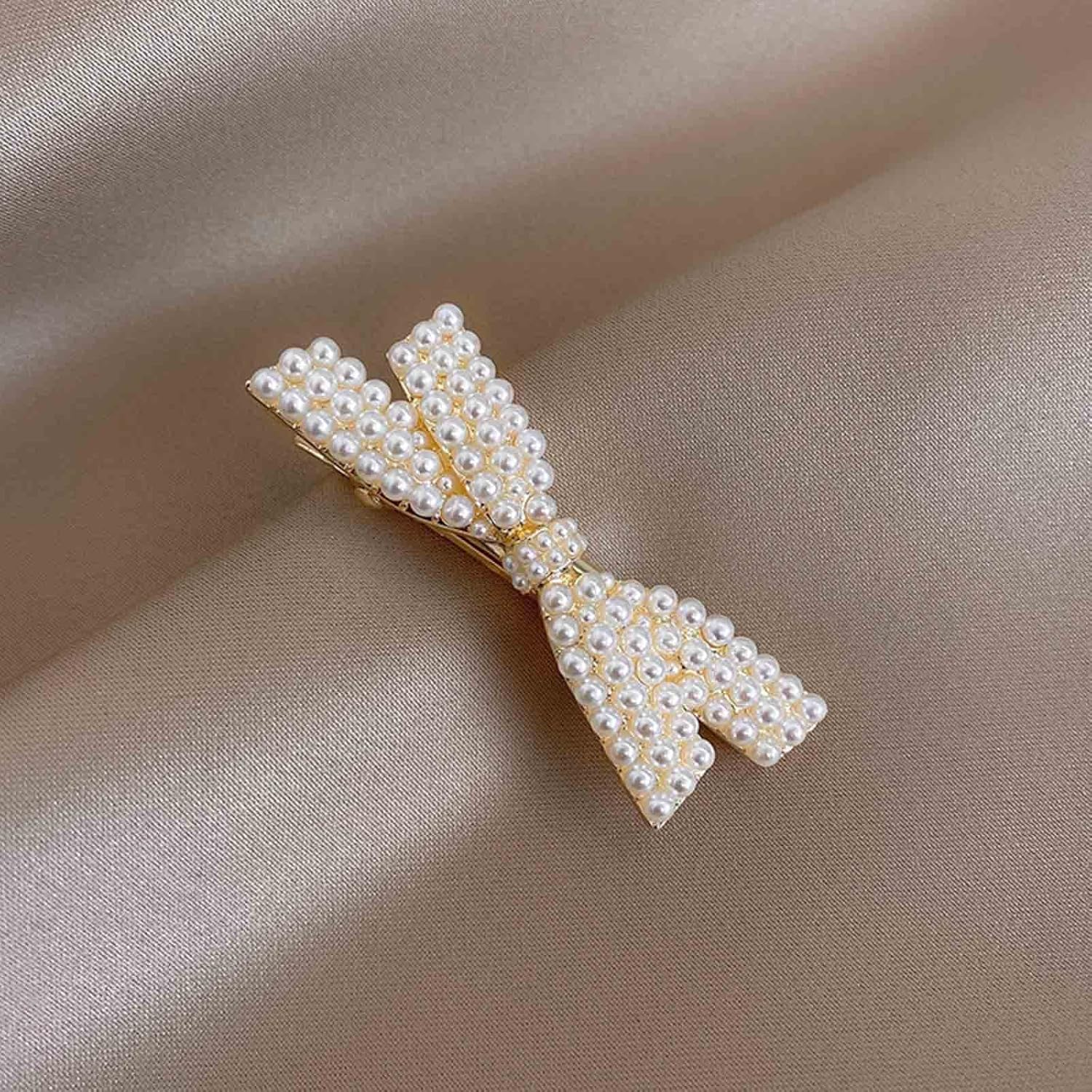 Wendalern Pearl Bow Hair Clips Vintage Beads Hair Clip White Bow Hair Pin Hair Clip Gold Pearl Alligator Hair Clips Decorative Hair Accessories for Women and Girls image number 6