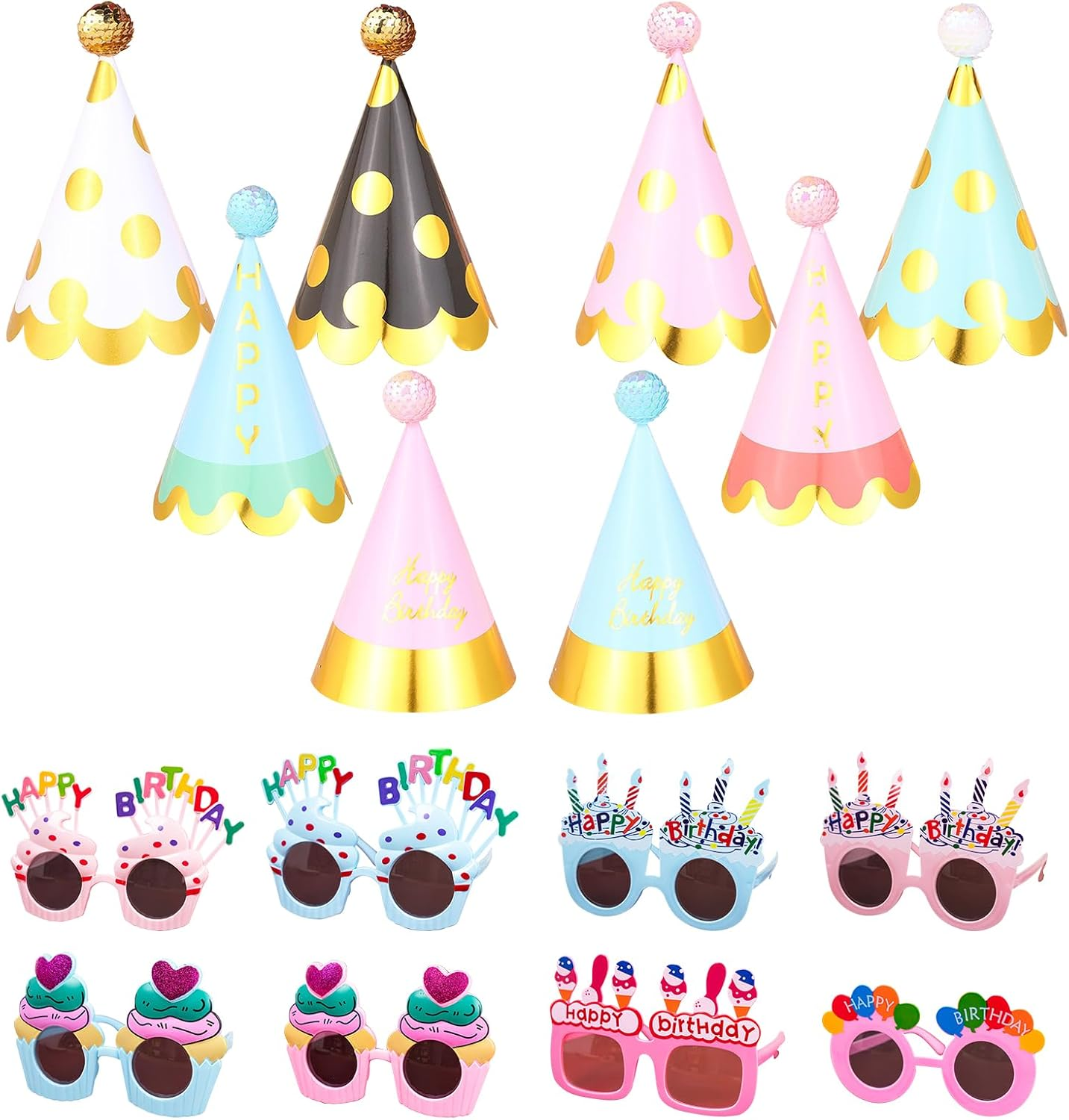 Xugoox 16 Pcs Happy Birthday Party Hats Birthday Sunglasses Pom Pom Assorted Boys Girls Rainbow Birthday Hat and Glasses Paper Cone Hats for All Ages Birthday Party Favors Decor Photo Props image number 3