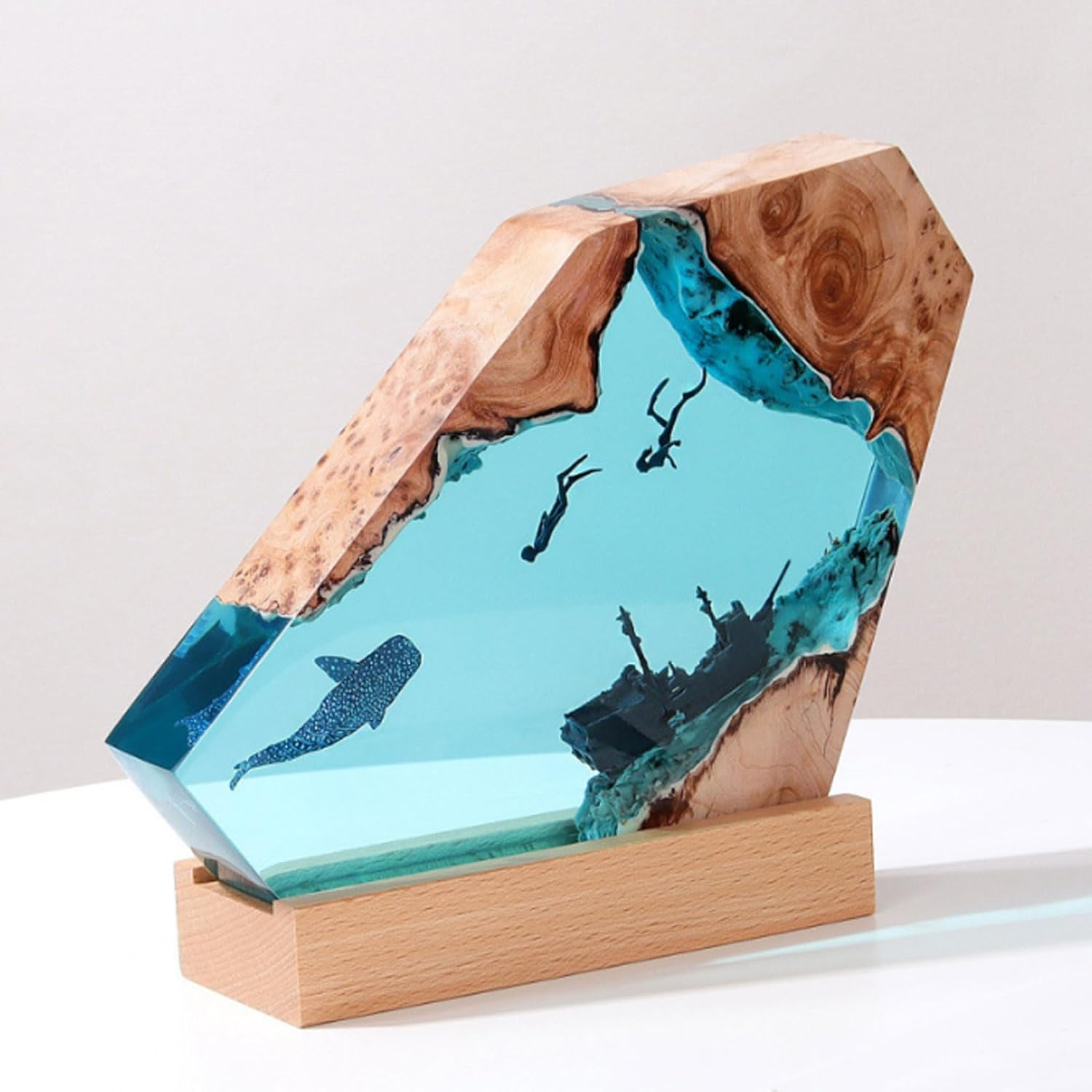 Shark Diver LED Ocean Lamp, 6 Brightness Resin Handmade Wood Light Lamp, USB Power Supply Deep Sea Cave Divers Light, for Office, Desk, Bedroom Decorations image number 1