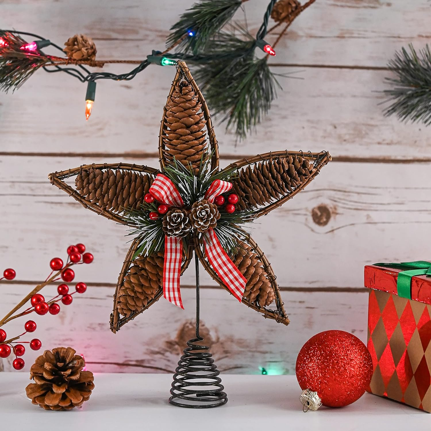 Ornativity Rattan Star Tree Topper - Christmas Rustic Acorn Pine Cone Tree Topper with Holly and Berry Decor Holiday Xmas Trees Top Decorations 11.5" image number 1
