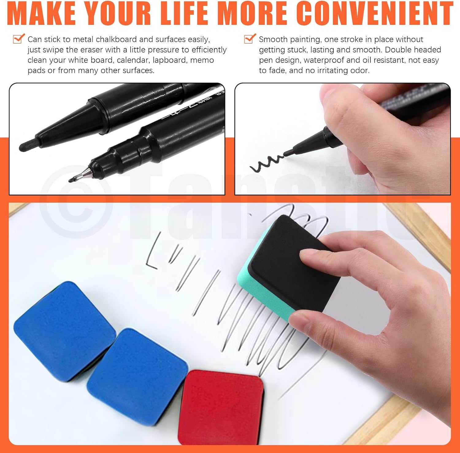 Tanstic 45Pcs Dry Erase Erasers with Dry Erase Markers Assortment Kit, Magnetic Whiteboard Eraser, Chalkboard Eraser Dry Eraser for Classroom Home Office(8 Colors, 2 X 2 X 0.78 Inch)