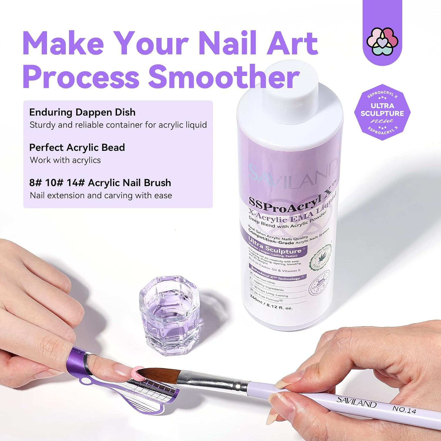 SAVILAND Professional Acrylic Nail Liquid Kit - 240Ml EMA Monomer with 3 Nail Brushes & Dappen Dish Salon-Grade Liquid for Acrylic Powder Extensions for DIY image number 4