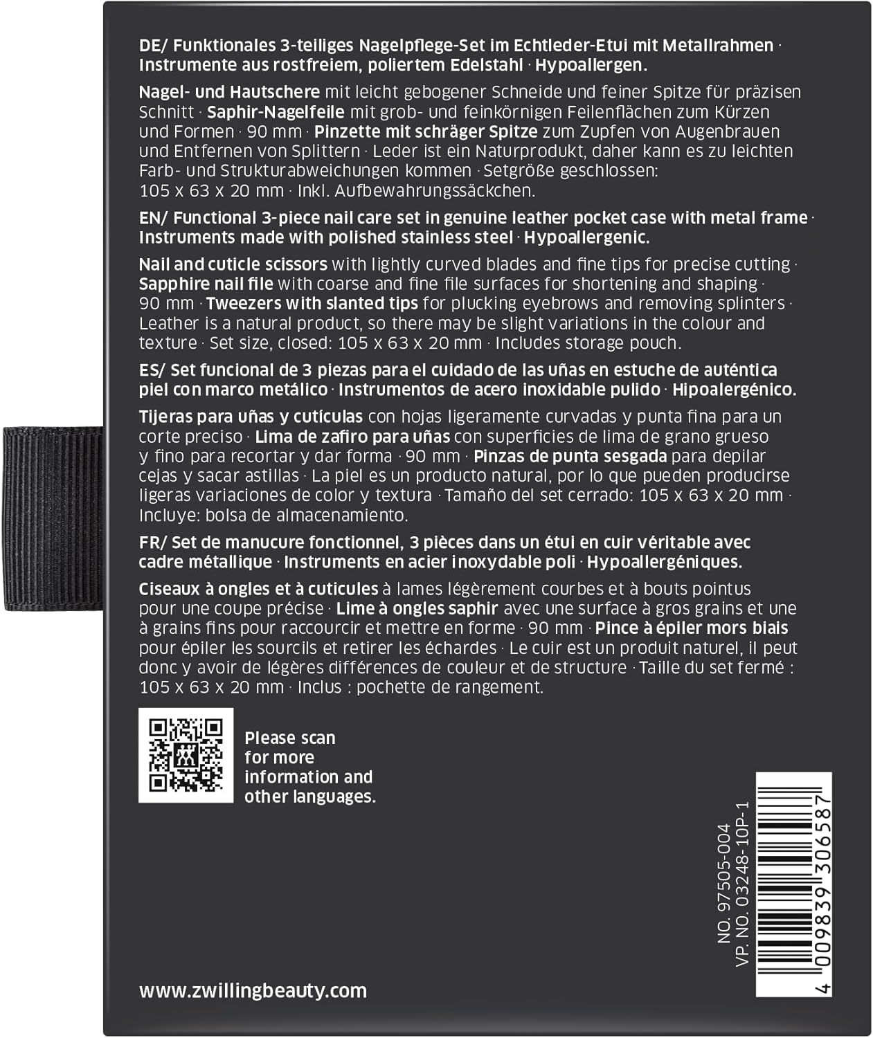 Zwilling J.A. Henckels Classic Inox Manicure Set with Case, Includes 1X Nail Scissors, 1X Tweezers, 1X Nail File, Black/Silver image number 4